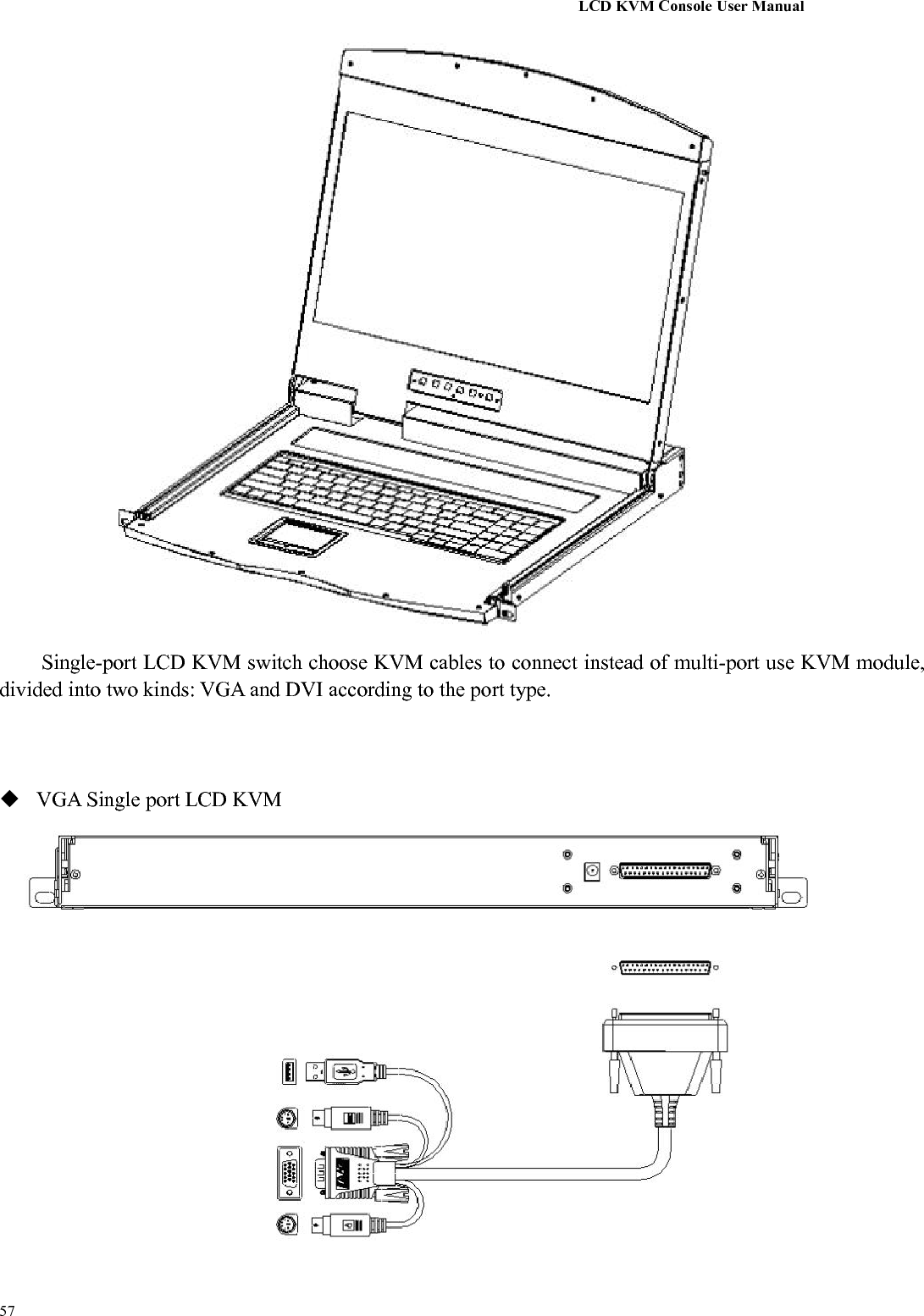 LCD KVM Console User Manual57Single-port LCD KVM switch choose KVM cables to connect instead of multi-port use KVM module,divided into two kinds: VGA and DVI according to the port type.VGA Single port LCD KVM