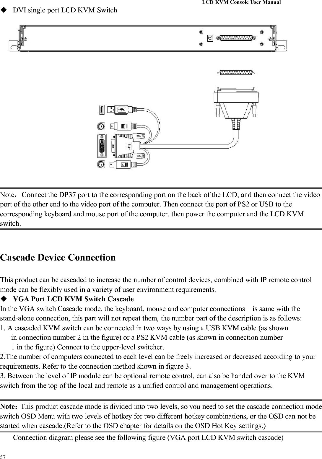 LCD KVM Console User Manual57DVI single port LCD KVM SwitchNote：Connect the DP37 port to the corresponding port on the back of the LCD, and then connect the videoport of the other end to the video port of the computer. Then connect the port of PS2 or USB to thecorresponding keyboard and mouse port of the computer, then power the computer and the LCD KVMswitch.Cascade Device ConnectionThis product can be cascaded to increase the number of control devices, combined with IP remote controlmode can be flexibly used in a variety of user environment requirements.VGA Port LCD KVM Switch CascadeIn the VGA switch Cascade mode, the keyboard, mouse and computer connections is same with thestand-alone connection, this part will not repeat them, the number part of the description is as follows:1. A cascaded KVM switch can be connected in two ways by using a USB KVM cable (as shownin connection number 2 in the figure) or a PS2 KVM cable (as shown in connection number1 in the figure) Connect to the upper-level switcher.2.The number of computers connected to each level can be freely increased or decreased according to yourrequirements. Refer to the connection method shown in figure 3.3. Between the level of IP module can be optional remote control, can also be handed over to the KVMswitch from the top of the local and remote as a unified control and management operations.Note：This product cascade mode is divided into two levels, so you need to set the cascade connection modeswitch OSD Menu with two levels of hotkey for two different hotkey combinations, or the OSD can not bestarted when cascade.(Refer to the OSD chapter for details on the OSD Hot Key settings.)Connection diagram please see the following figure (VGA port LCD KVM switch cascade)