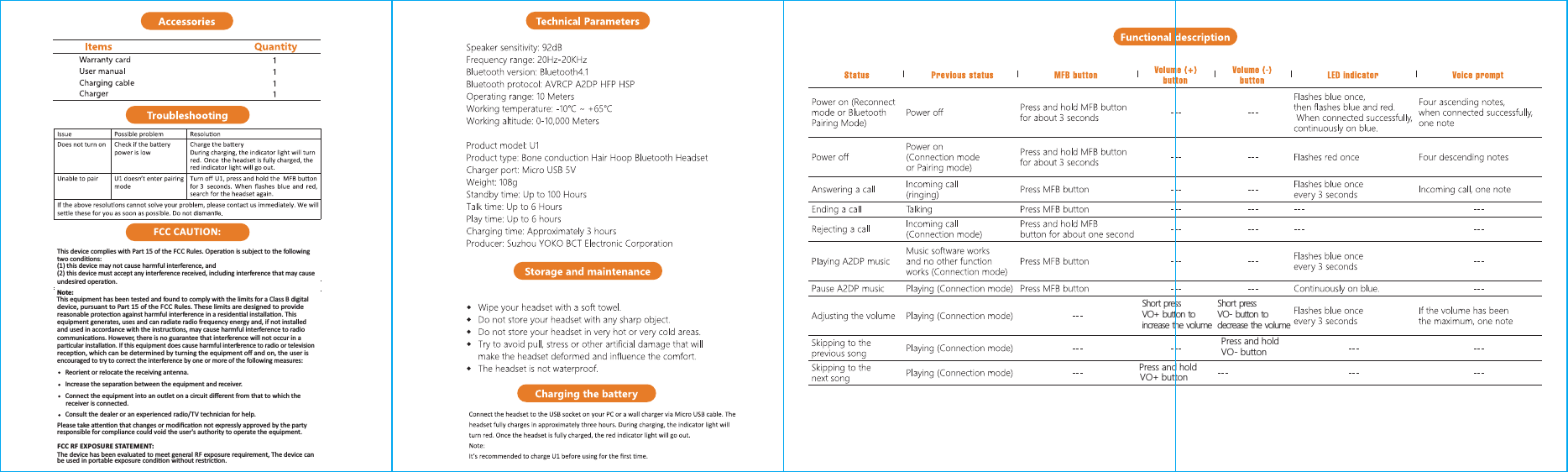 Press and hold VO+ buttonShort press VO- button to decrease the volumeShort press VO+ button to increase the volumePress and hold VO- buttonFCC CAUTION:This device complies with Part 15 of the FCC Rules. Operaon is subject to the following two condions: (1) this device may not cause harmful interference, and (2) this device must accept any interference received, including interference that may cause undesired operaon.Note:This equipment has been tested and found to comply with the limits for a Class B digitaldevice, pursuant to Part 15 of the FCC Rules. These limits are designed to provide reasonable protecon against harmful interference in a residenal installaon. Thisequipment generates, uses and can radiate radio frequency energy and, if not installedand used in accordance with the instrucons, may cause harmful interference to radiocommunicaons. However, there is no guarantee that interference will not occur in aparcular installaon. If this equipment does cause harmful interference to radio or televisionrecepon, which can be determined by turning the equipment oﬀ and on, the user isencouraged to try to correct the interference by one or more of the following measures:     Reorient or relocate the receiving antenna.     Increase the separaon between the equipment and receiver.     Connect the equipment into an outlet on a circuit diﬀerent from that to which the      receiver is connected.     Consult the dealer or an experienced radio/TV technician for help.Please take aenon that changes or modiﬁcaon not expressly approved by the partyresponsible for compliance could void the user's authority to operate the equipment.FCC RF EXP OSU RE STATEMENT:The device has been evaluated to meet general RF exposure requirement, The device canbe used in portable exposure condion without restricon.