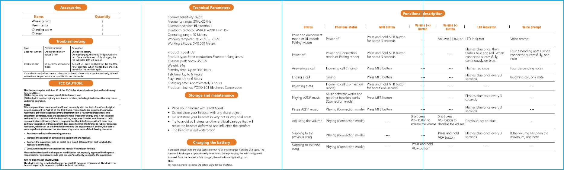 Short press VO+ button to increase the volumePress and hold VO+ button Short press VO- button to decrease the volumePress and hold VO- buttonFCC CAUTION:This device complies with Part 15 of the FCC Rules. Operaon is subject to the following two condions: (1) this device may not cause harmful interference, and (2) this device must accept any interference received, including interference that may cause undesired operaon.Note:This equipment has been tested and found to comply with the limits for a Class B digitaldevice, pursuant to Part 15 of the FCC Rules. These limits are designed to provide reasonable protecon against harmful interference in a residenal installaon. Thisequipment generates, uses and can radiate radio frequency energy and, if not installedand used in accordance with the instrucons, may cause harmful interference to radiocommunicaons. However, there is no guarantee that interference will not occur in aparcular installaon. If this equipment does cause harmful interference to radio or televisionrecepon, which can be determined by turning the equipment oﬀ and on, the user isencouraged to try to correct the interference by one or more of the following measures:     Reorient or relocate the receiving antenna.     Increase the separaon between the equipment and receiver.     Connect the equipment into an outlet on a circuit diﬀerent from that to which the      receiver is connected.     Consult the dealer or an experienced radio/TV technician for help.Please take aenon that changes or modiﬁcaon not expressly approved by the partyresponsible for compliance could void the user's authority to operate the equipment.FCC RF EXP OSU RE STATEMENT:The device has been evaluated to meet general RF exposure requirement, The device canbe used in portable exposure condion without restricon.