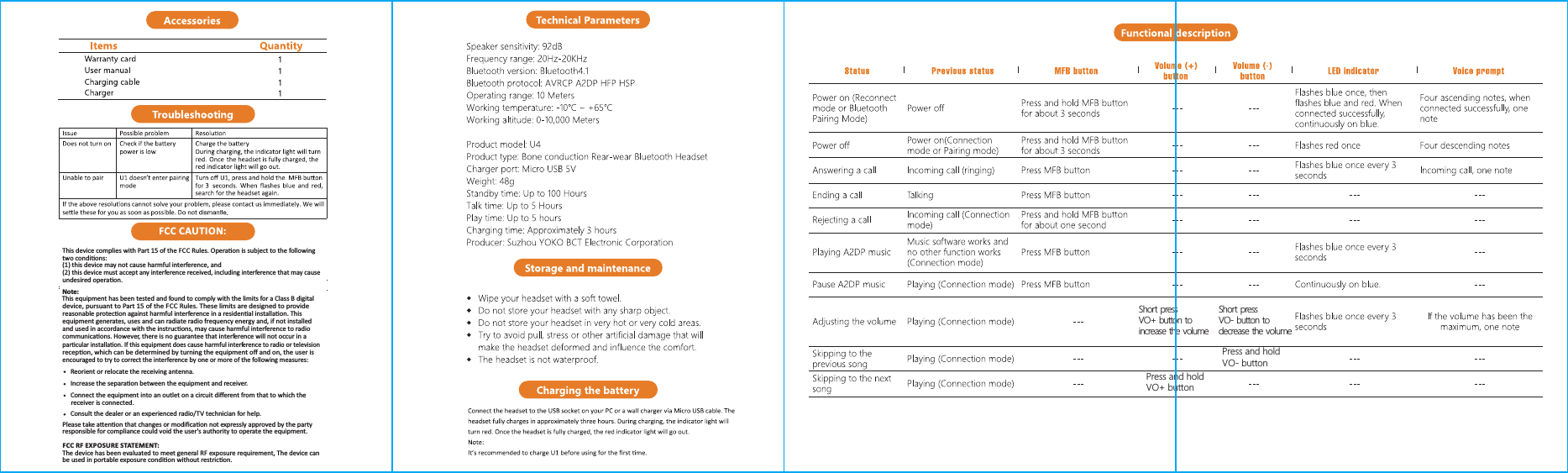 Short press VO+ button to increase the volumeShort press VO- button to decrease the volumePress and hold VO+ button Press and hold VO- buttonFCC CAUTION:This device complies with Part 15 of the FCC Rules. Operaon is subject to the following two condions: (1) this device may not cause harmful interference, and (2) this device must accept any interference received, including interference that may cause undesired operaon.Note:This equipment has been tested and found to comply with the limits for a Class B digitaldevice, pursuant to Part 15 of the FCC Rules. These limits are designed to provide reasonable protecon against harmful interference in a residenal installaon. Thisequipment generates, uses and can radiate radio frequency energy and, if not installedand used in accordance with the instrucons, may cause harmful interference to radiocommunicaons. However, there is no guarantee that interference will not occur in aparcular installaon. If this equipment does cause harmful interference to radio or televisionrecepon, which can be determined by turning the equipment oﬀ and on, the user isencouraged to try to correct the interference by one or more of the following measures:     Reorient or relocate the receiving antenna.     Increase the separaon between the equipment and receiver.     Connect the equipment into an outlet on a circuit diﬀerent from that to which the      receiver is connected.     Consult the dealer or an experienced radio/TV technician for help.Please take aenon that changes or modiﬁcaon not expressly approved by the partyresponsible for compliance could void the user's authority to operate the equipment.FCC RF EXP OSU RE STATEMENT:The device has been evaluated to meet general RF exposure requirement, The device canbe used in portable exposure condion without restricon.