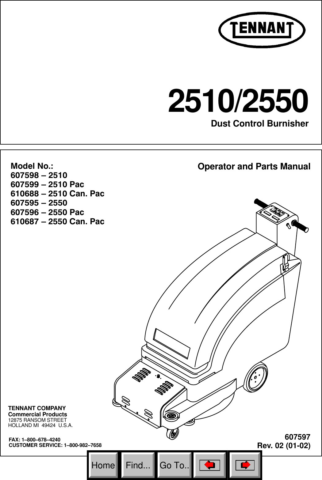 TENNANT NA 2510/2550 2510 2550 Parts Manual 1 2002 To 4 2007
