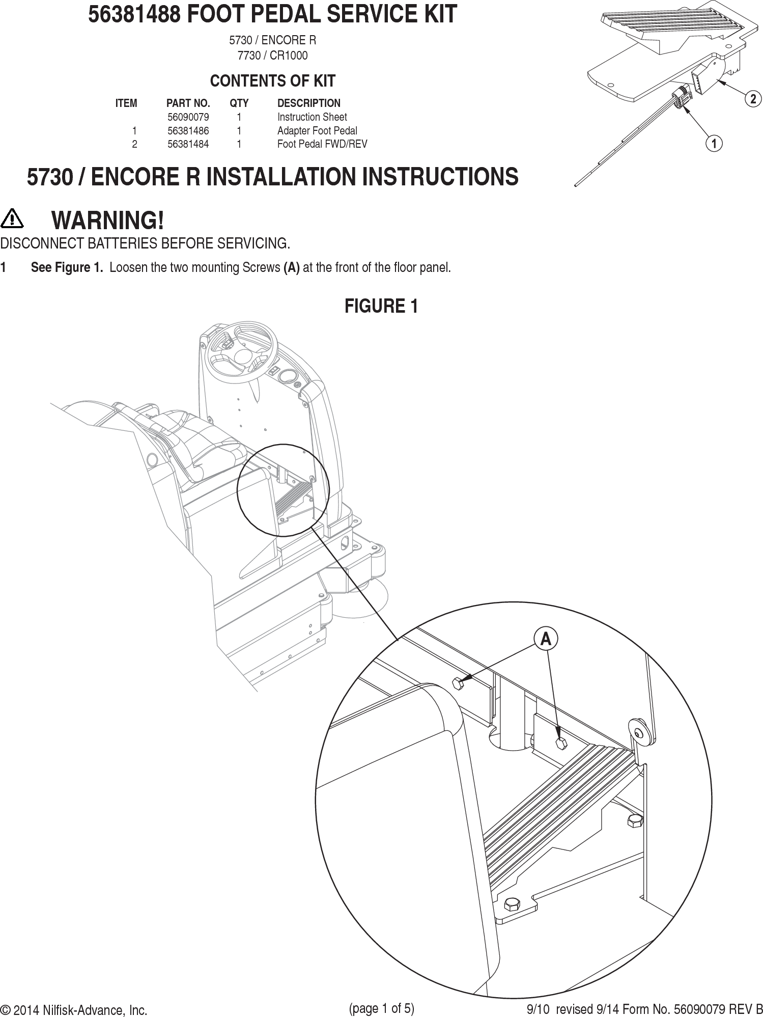 Page 1 of 5 - Sweepscrub American-Lincoln-Sr5730-Rider-Floor-Scrubber-Foot-Pedal-Service-Kit-Installation-Instructions 56090079 User Manual