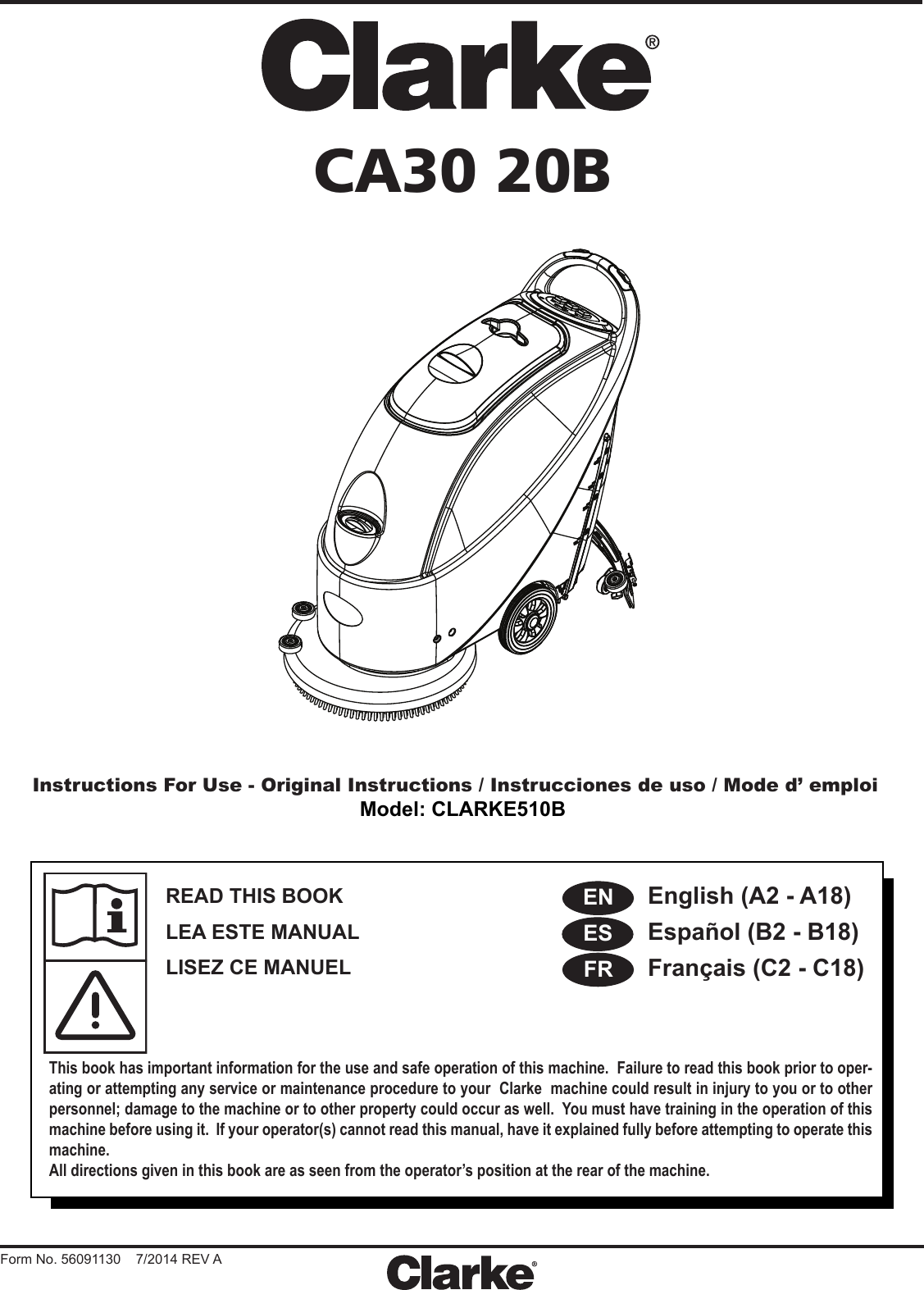 Clarke ca30 20b floor scrubber parts and operator manual