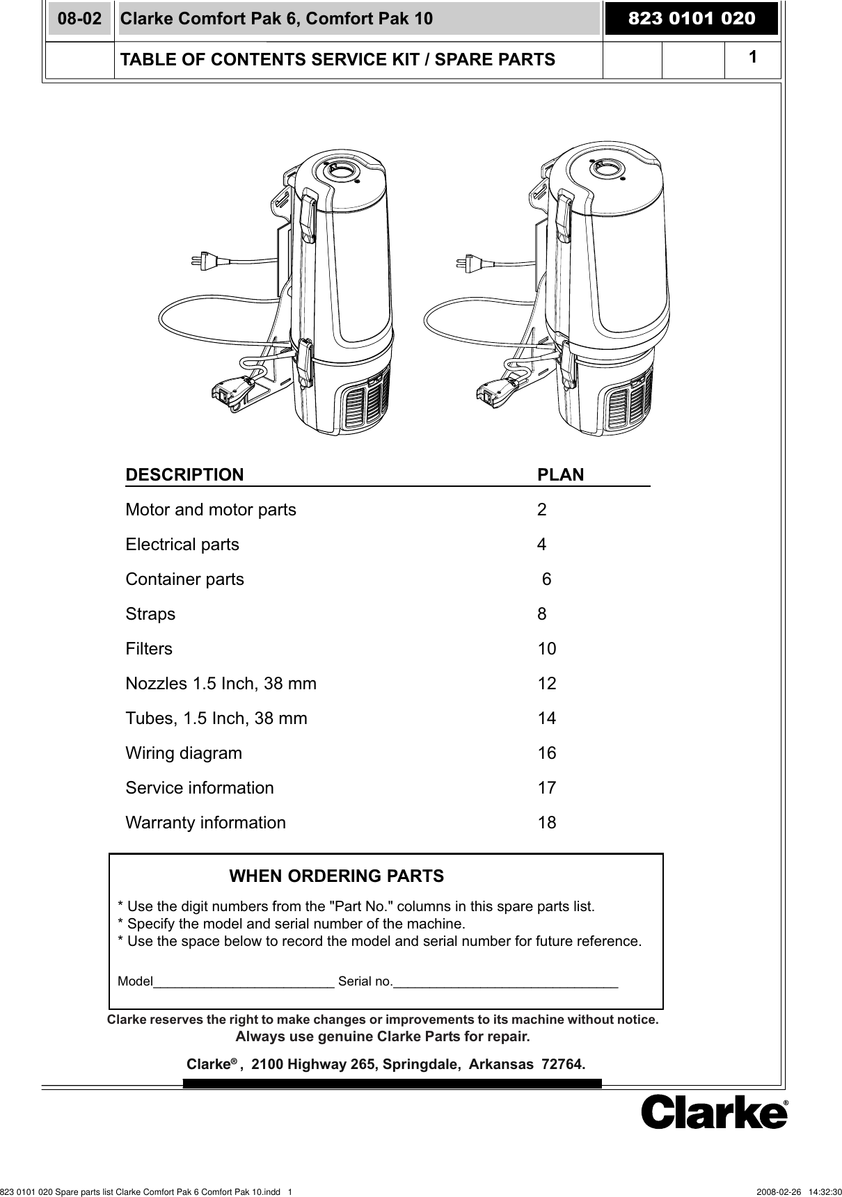 823 0101 020 Spare Parts List Clarke Comfort Pak 6 10 vacuum manual