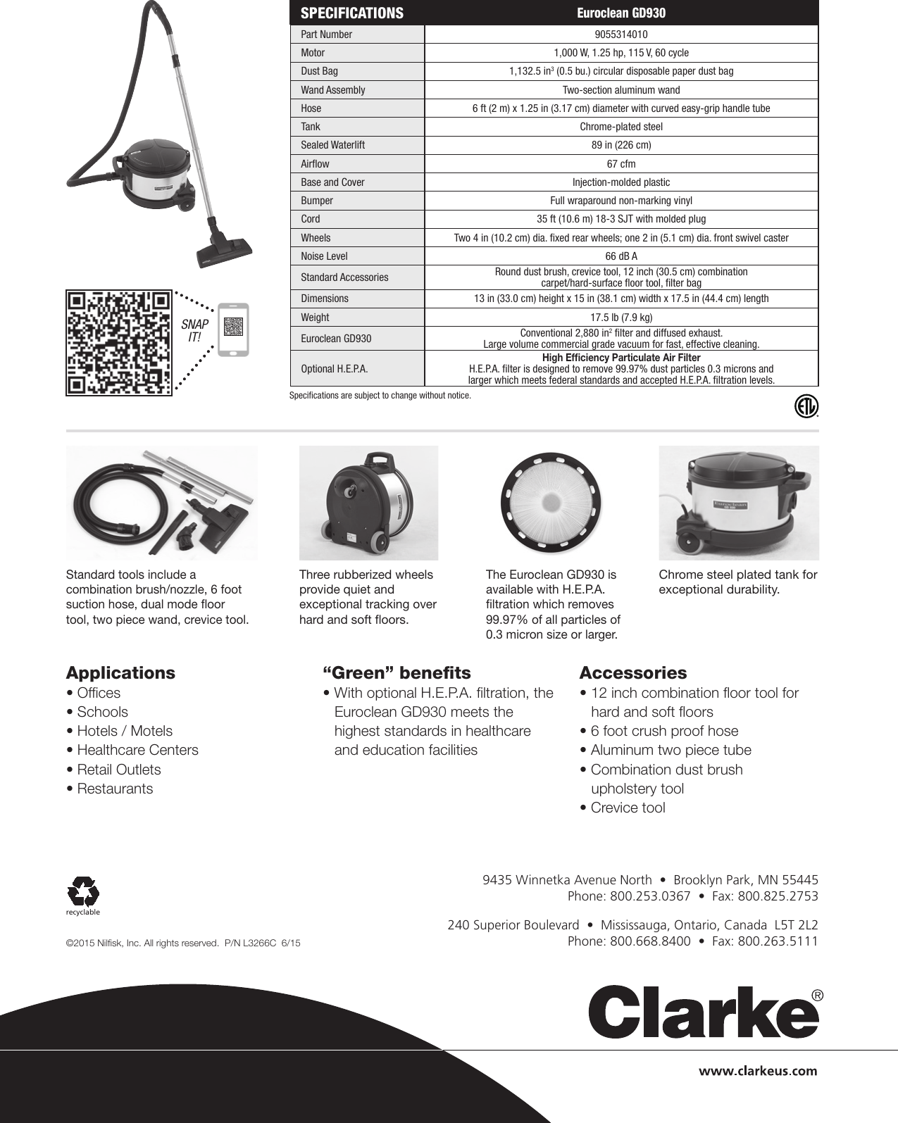 Clarke euroclean gd930 canister vacuum brochure and specifications