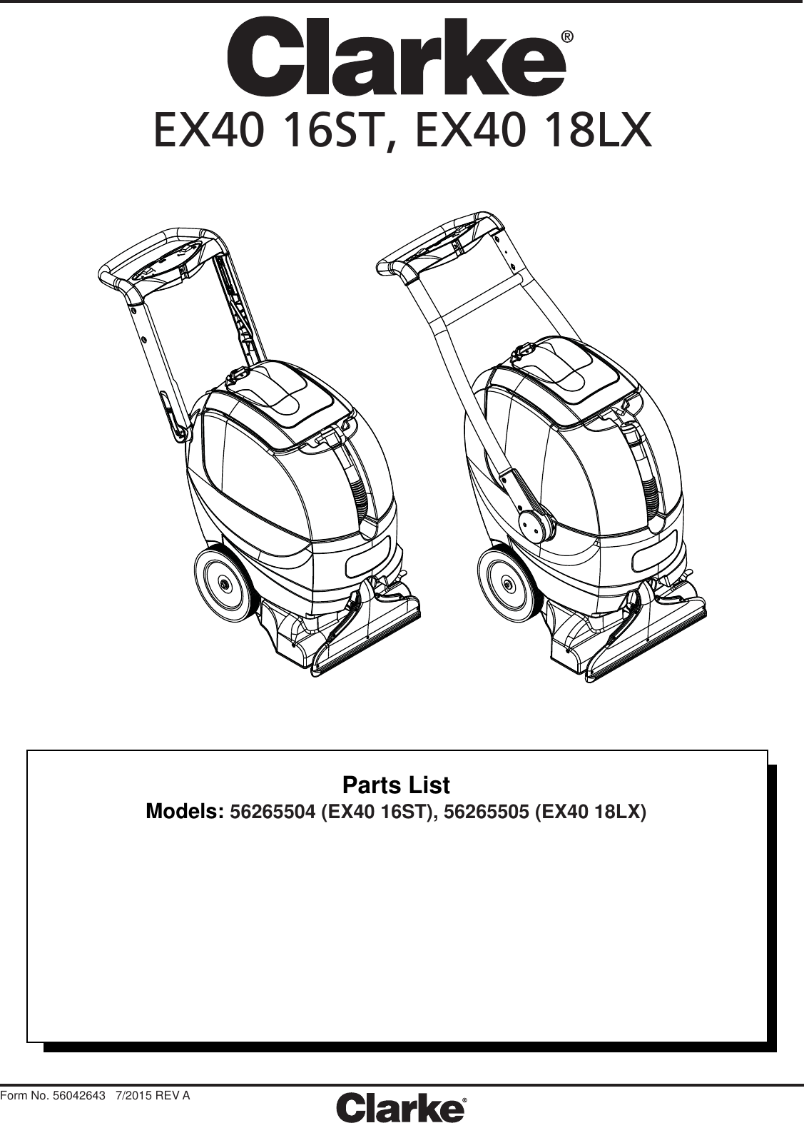 56042643 Clarke ex40 16st 18lx portable carpet extractor parts manual