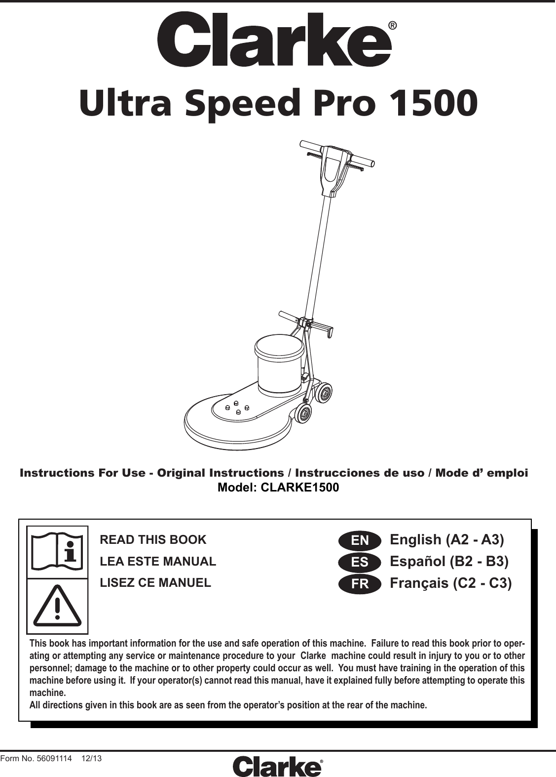 Page 1 of 12 - Clarke-ultra-speed-pro-1500-floor-burnisher-parts-and-operator-manual