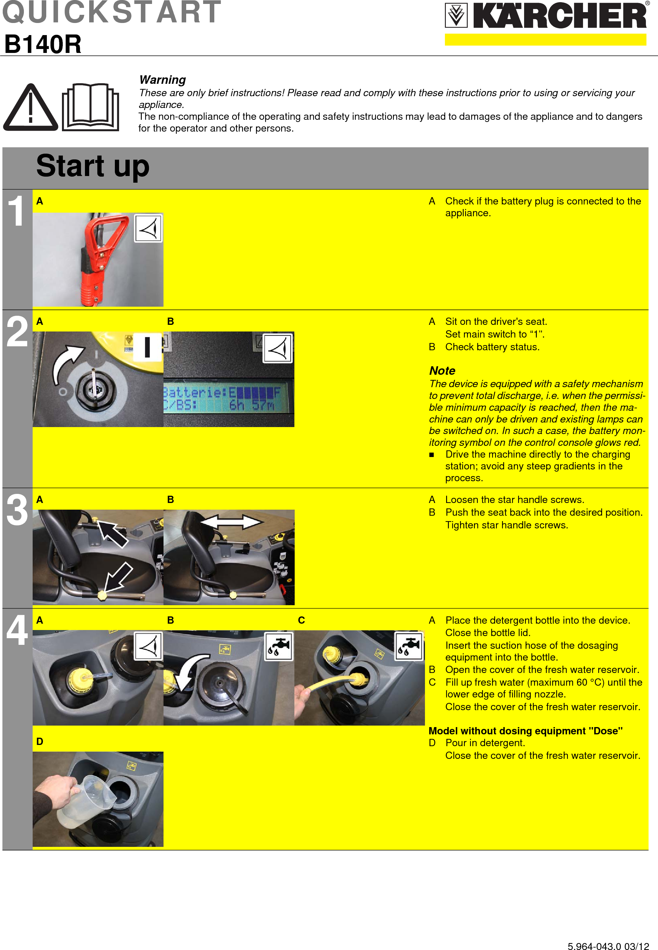 Page 1 of 5 - Sweepscrub Kaercher-B-140-R-Rider-Scrubber-Quick-Start-Guide OBJ_DOKU-101441-001 User Manual