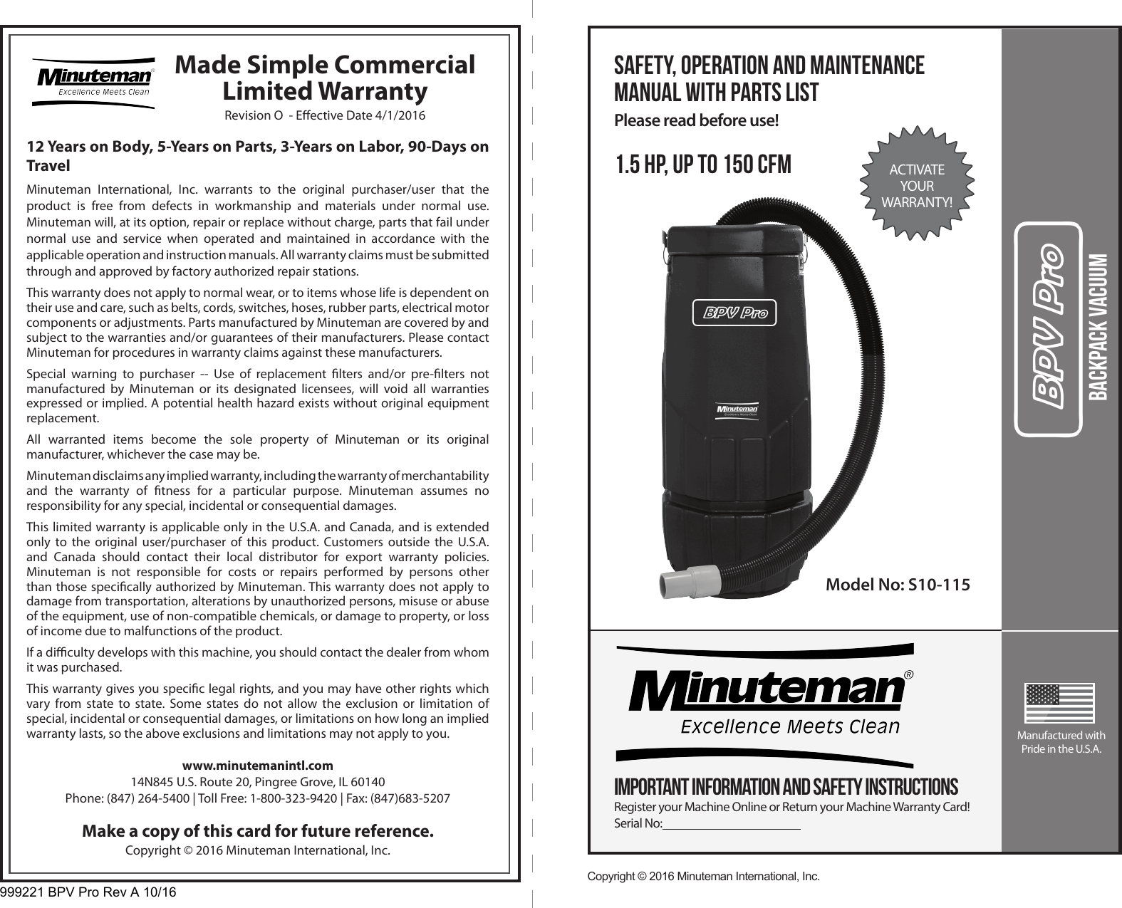 Page 1 of 8 - Minuteman-backpack-series-vacuum-parts-and-operator-manual