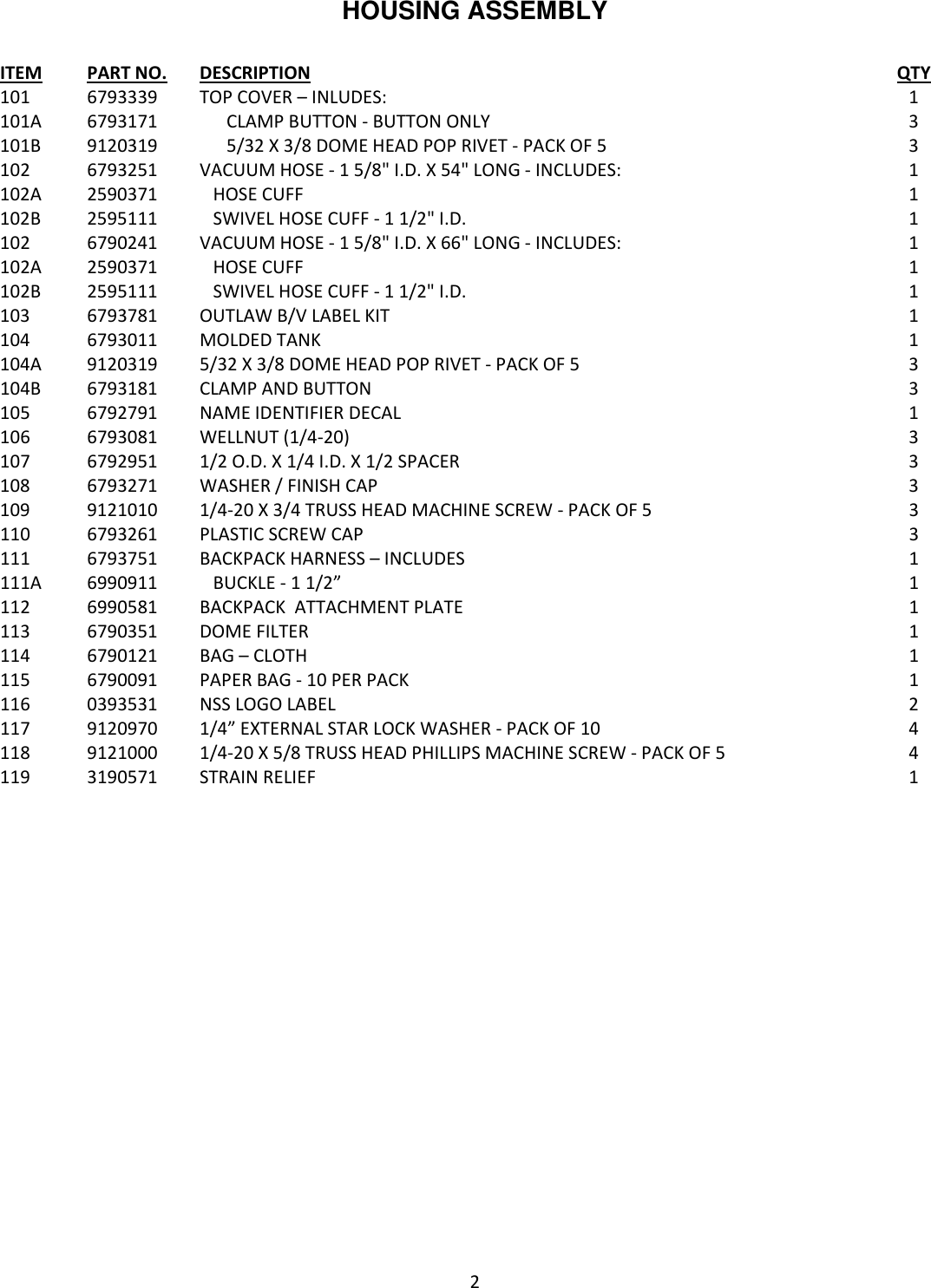 Page 2 of 12 - 9096703 Outlaw BV Illustrated Parts Book  Nss-outlaw-bv-dry-vacuum-parts-manual