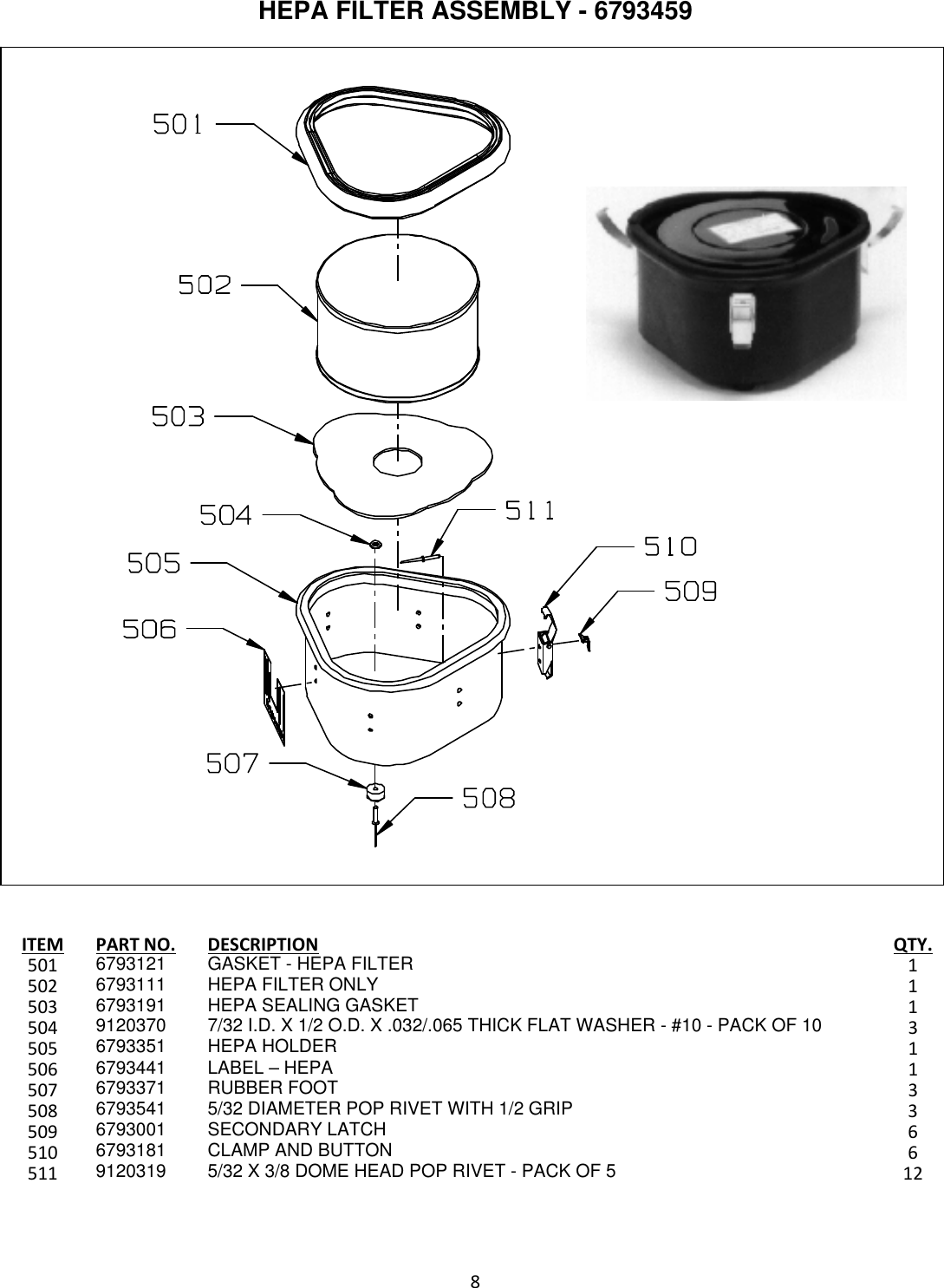 Page 8 of 12 - 9096703 Outlaw BV Illustrated Parts Book  Nss-outlaw-bv-dry-vacuum-parts-manual