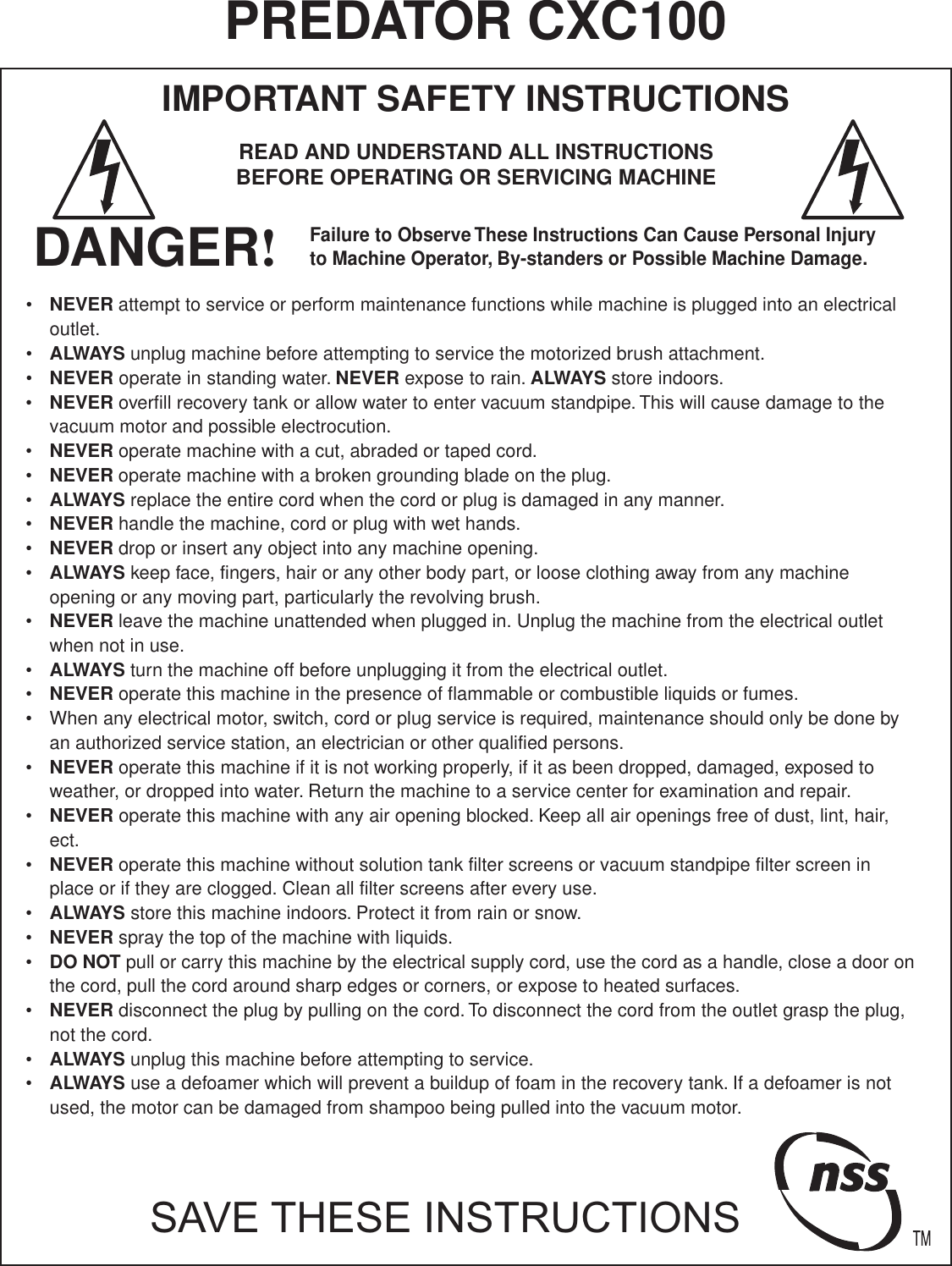 Page 1 of 8 - Nss-predator-cxc100-carpet-extractor-parts-and-operator-manual