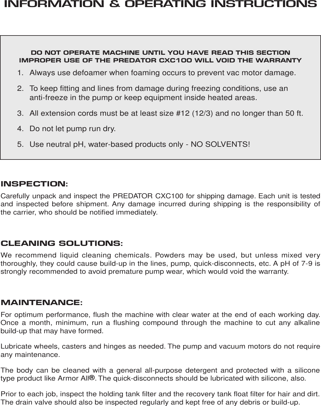 Page 2 of 8 - Nss-predator-cxc100-carpet-extractor-parts-and-operator-manual