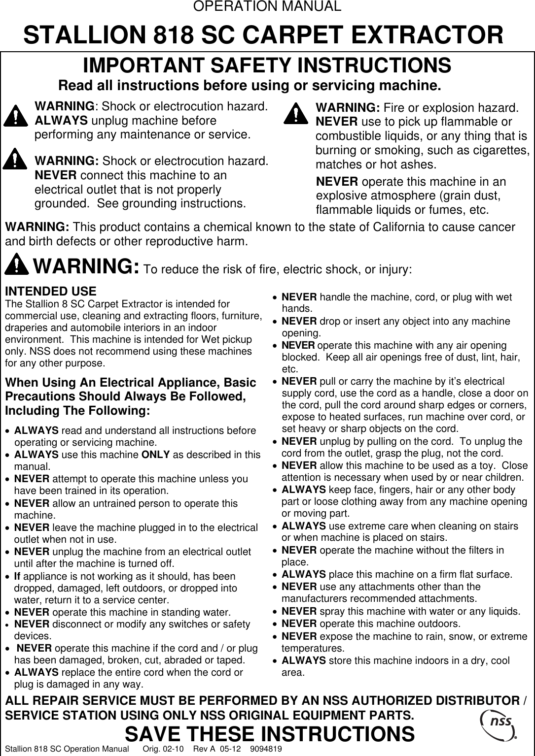 Page 1 of 10 - 9094819 Stallion 818 SC English Operation Manual  Nss-stallion-818sc-carpet-extractor-operator-manual