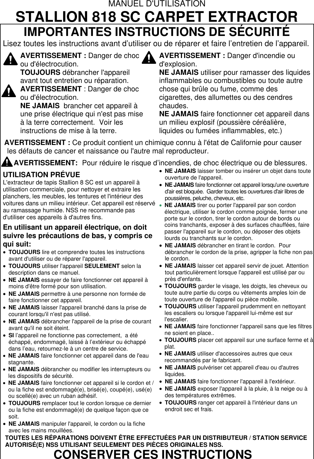 Page 2 of 10 - 9094819 Stallion 818 SC English Operation Manual  Nss-stallion-818sc-carpet-extractor-operator-manual