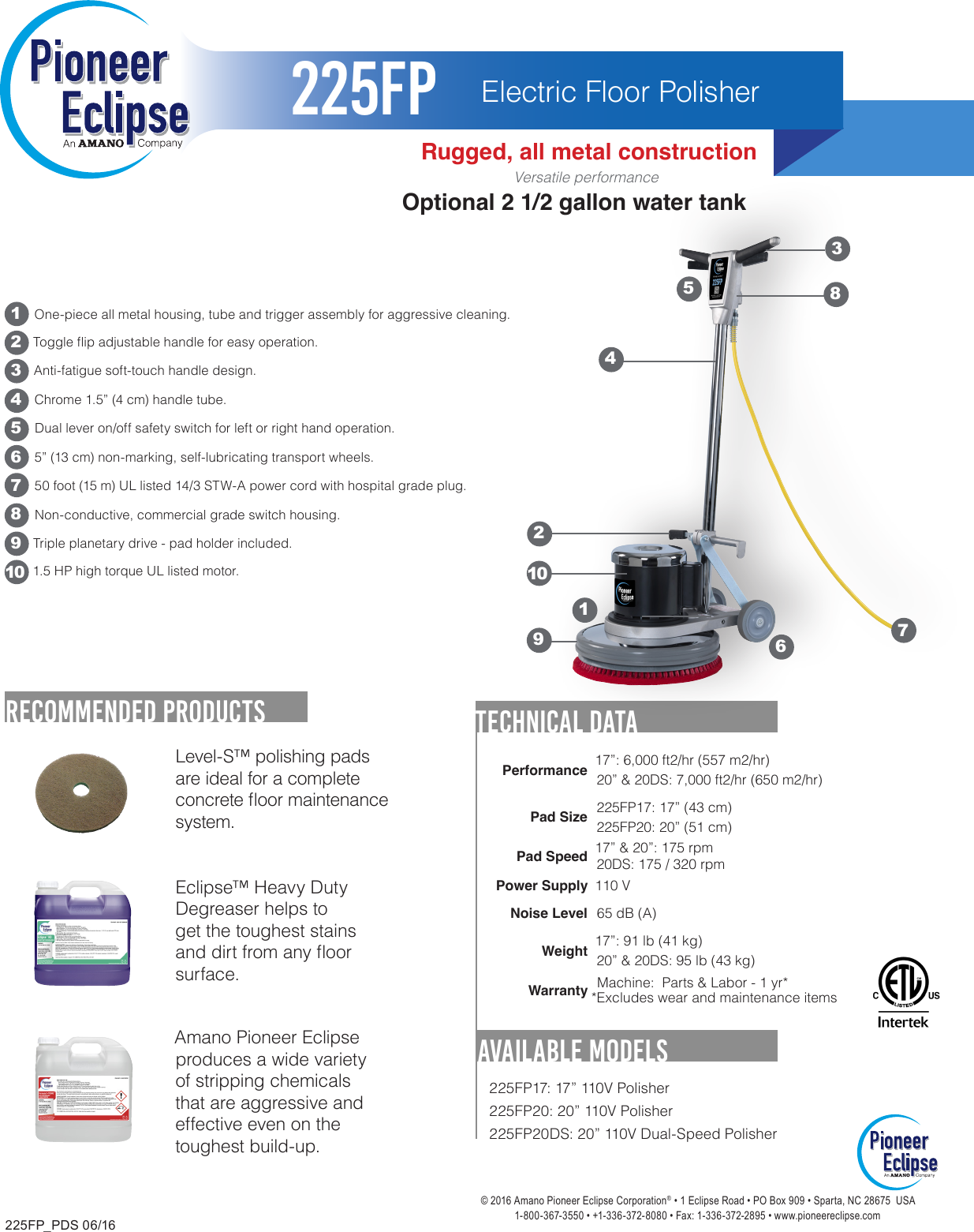 Pioneer Eclipse 225fp Floor Care Machine Brochure Specifications