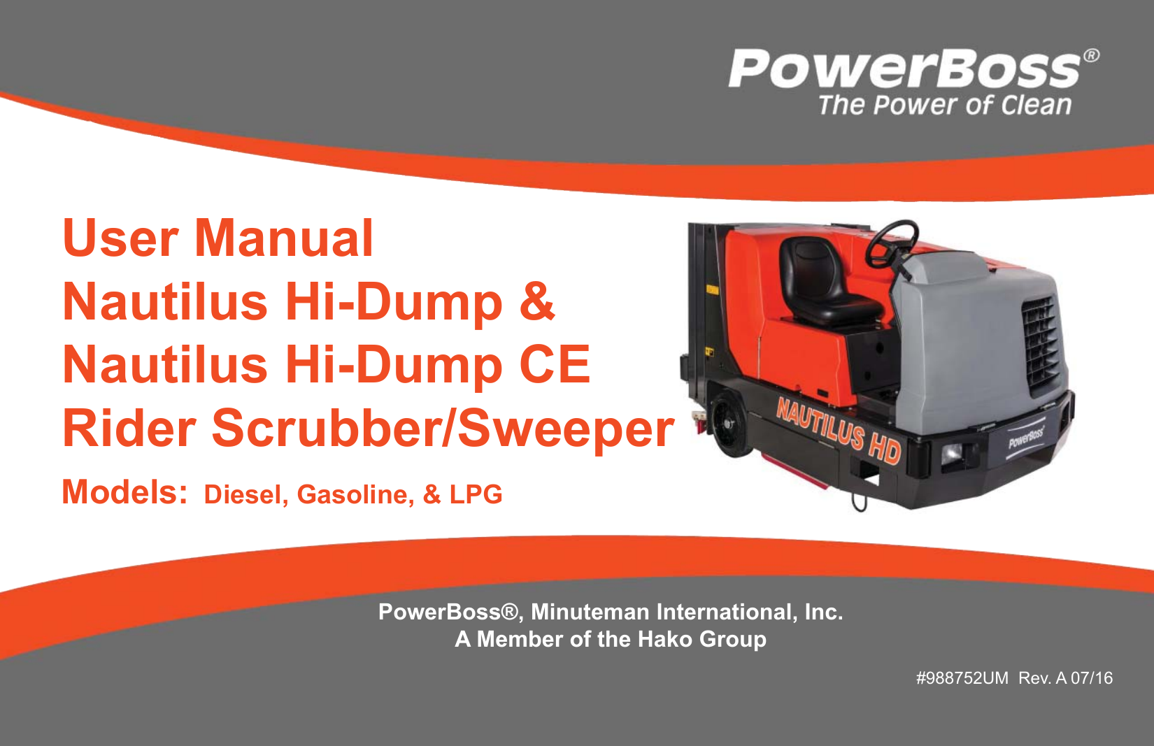 988752UM Nautilus Hi Dump Rev A Powerboss ride on sweeper scrubber