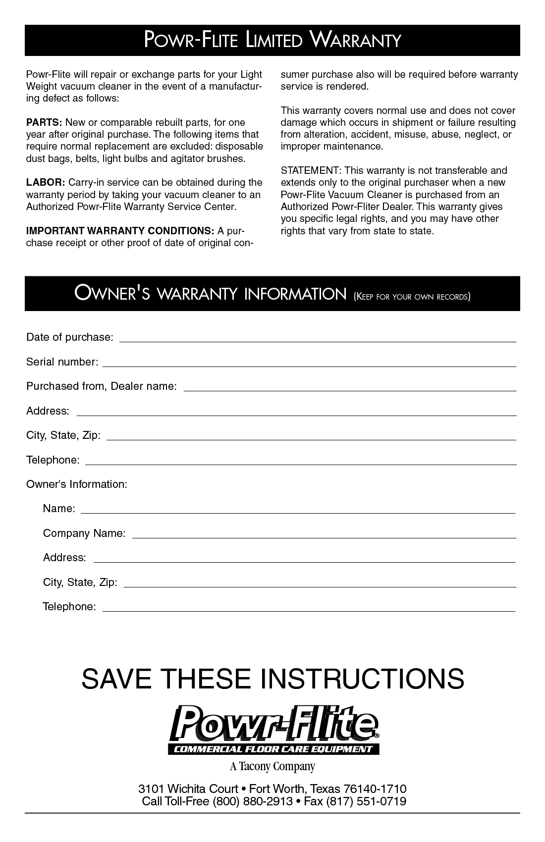 Page 10 of 10 - Sweepscrub Powr-Flite-Pf60-Vacuum-Operators-Manual PF60 Manual User