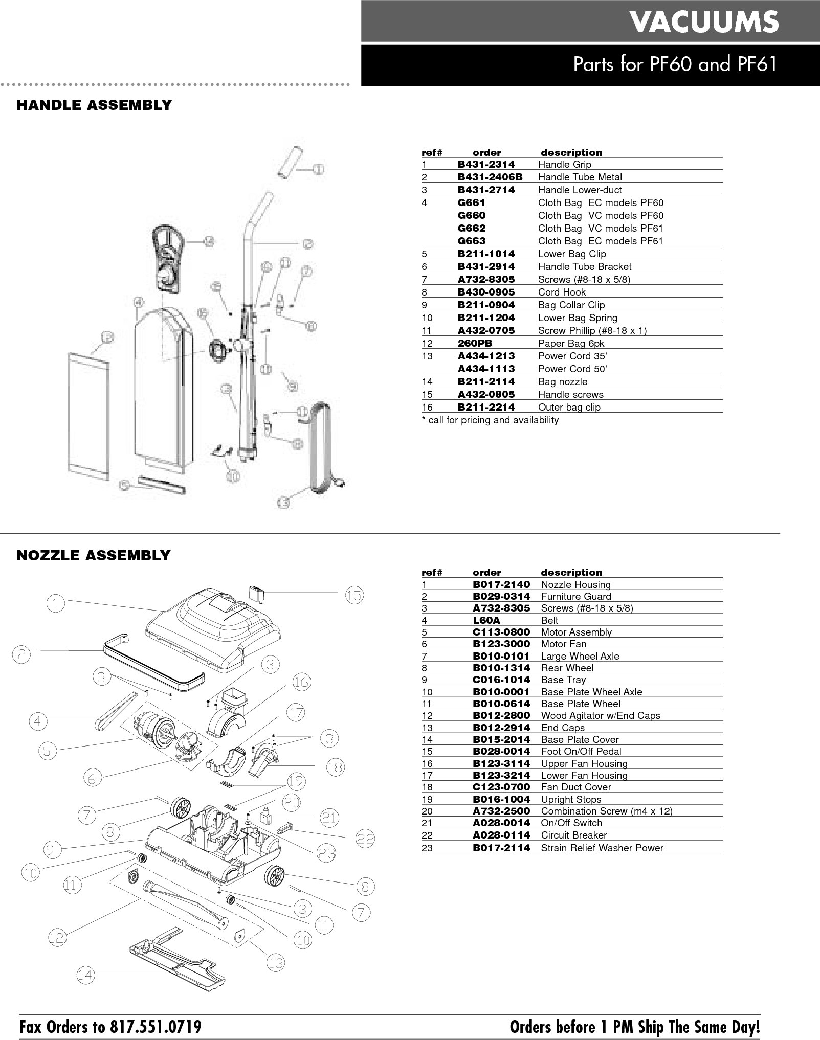 Page 1 of 1 - Sweepscrub Powr-Flite-Pf60-Vacuum-Parts-List User Manual