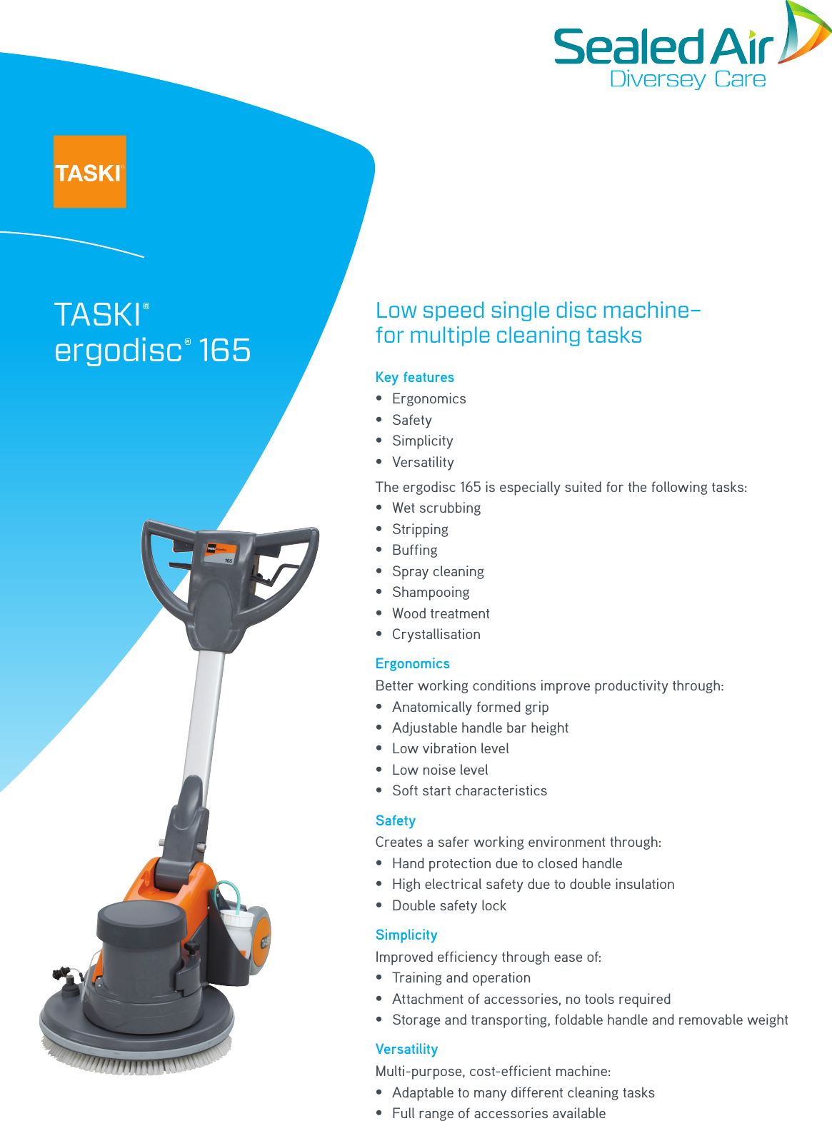 Page 1 of 2 - Sweepscrub Taski-Ergodisc-165-Floor-Machine-Specifications 29257I PSS TASKI Ergodisc 165-A4-MASTER User Manual