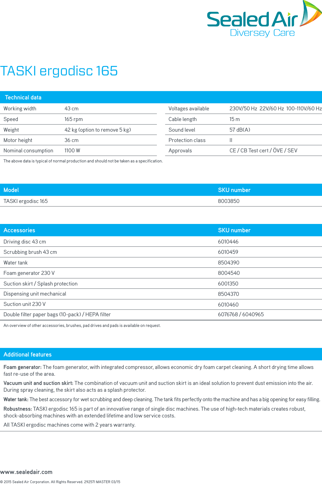 Page 2 of 2 - Sweepscrub Taski-Ergodisc-165-Floor-Machine-Specifications 29257I PSS TASKI Ergodisc 165-A4-MASTER User Manual