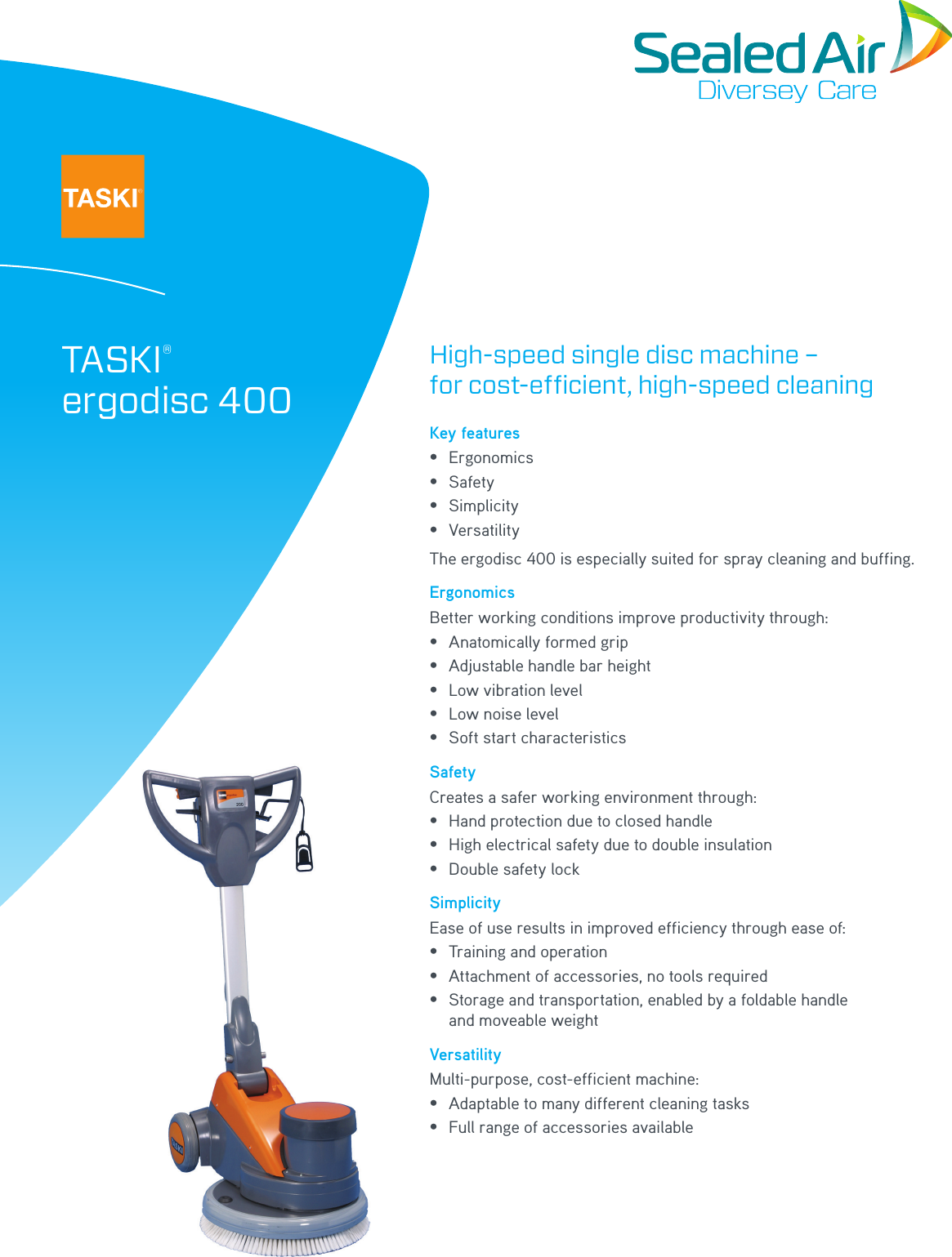 Page 1 of 2 - Sweepscrub Taski-Ergodisc-400-Floor-Machine-Specifications 29257F PSS TASKI Ergodisc 400-A4-MASTER User Manual