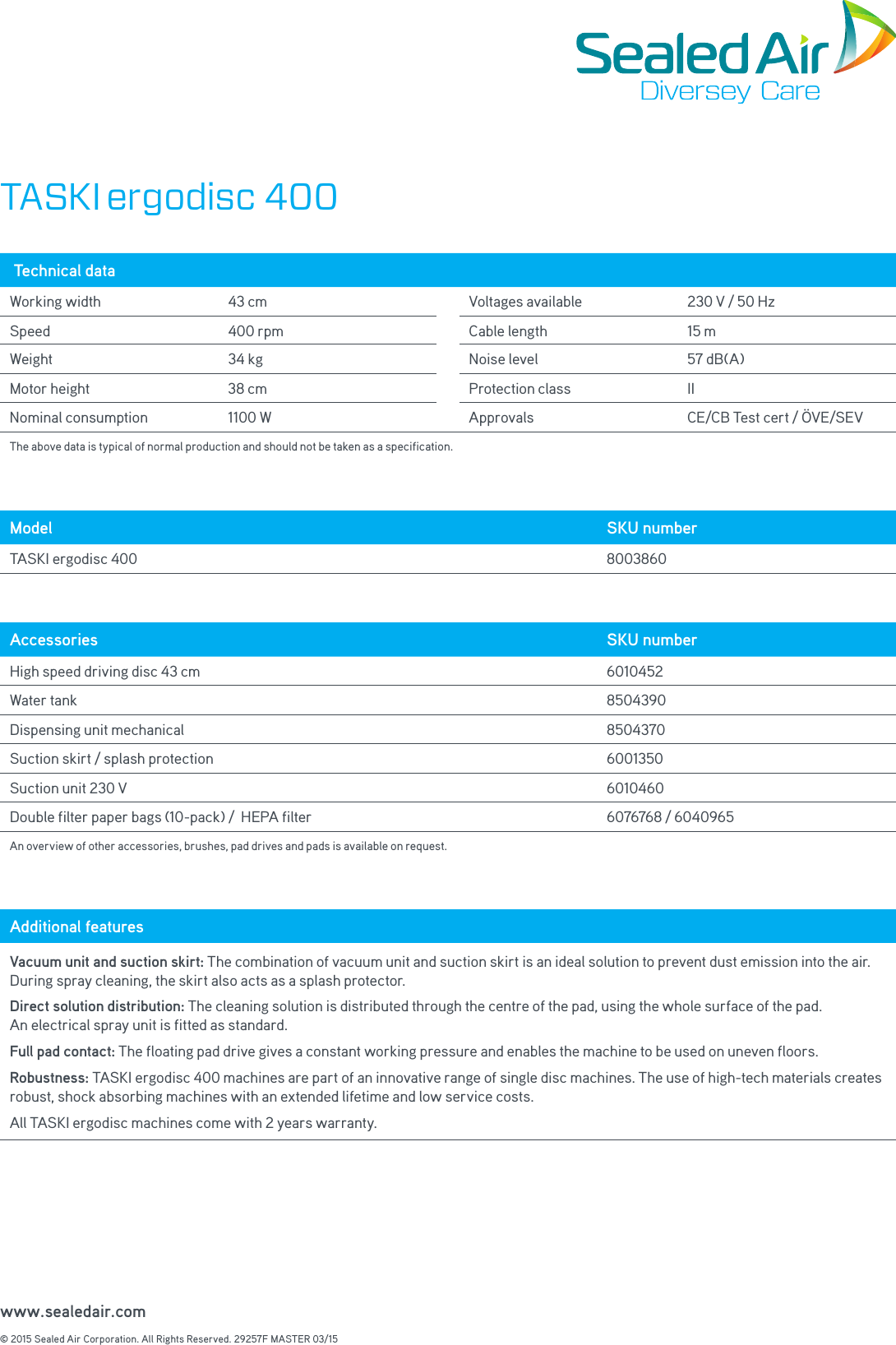 Page 2 of 2 - Sweepscrub Taski-Ergodisc-400-Floor-Machine-Specifications 29257F PSS TASKI Ergodisc 400-A4-MASTER User Manual
