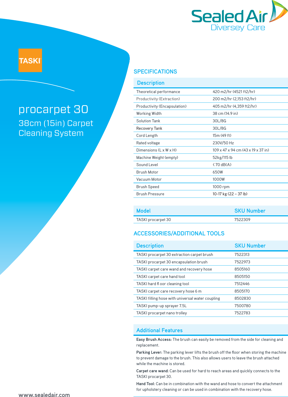 Page 2 of 2 - Sweepscrub Taski-Procarpet-30-Carpet-Extractor-Specifications 20310SPC-Taski-ProCarpet 30-A4-en-EU User Manual