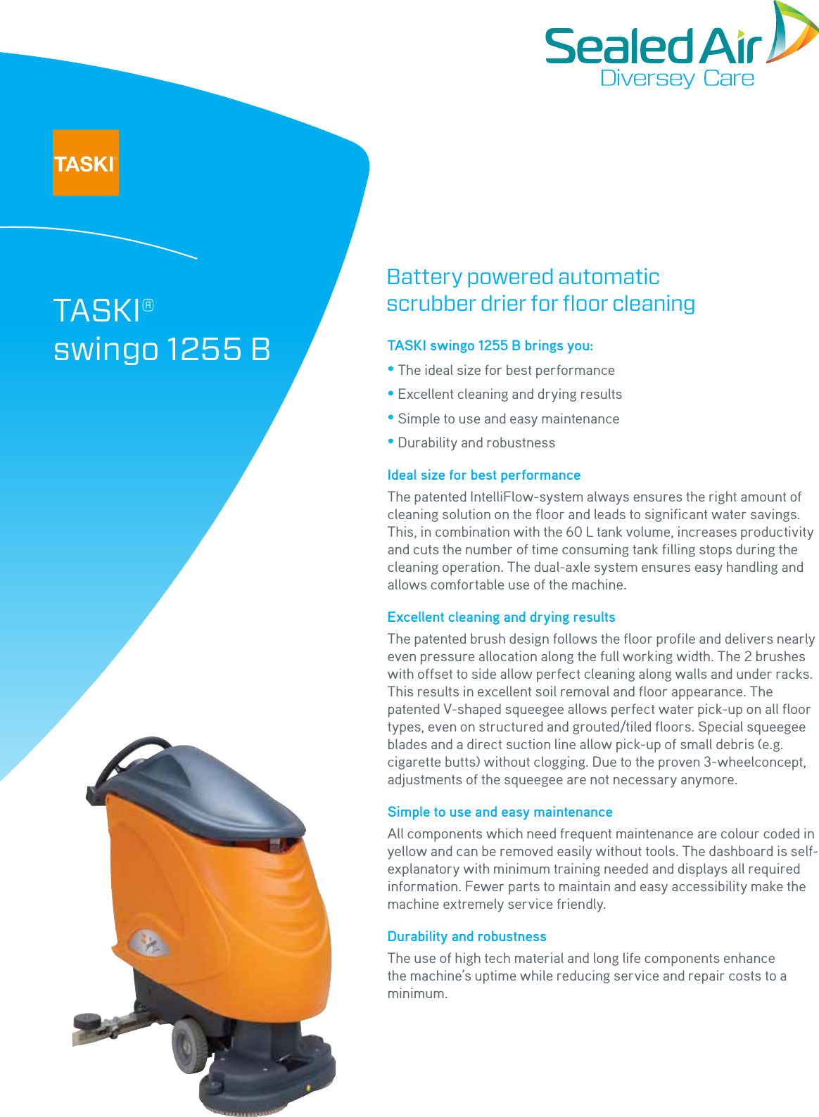 Page 1 of 2 - Sweepscrub Taski-Swingo-1255B-Walk-Behind-Floor-Scrubber-Specifications User Manual