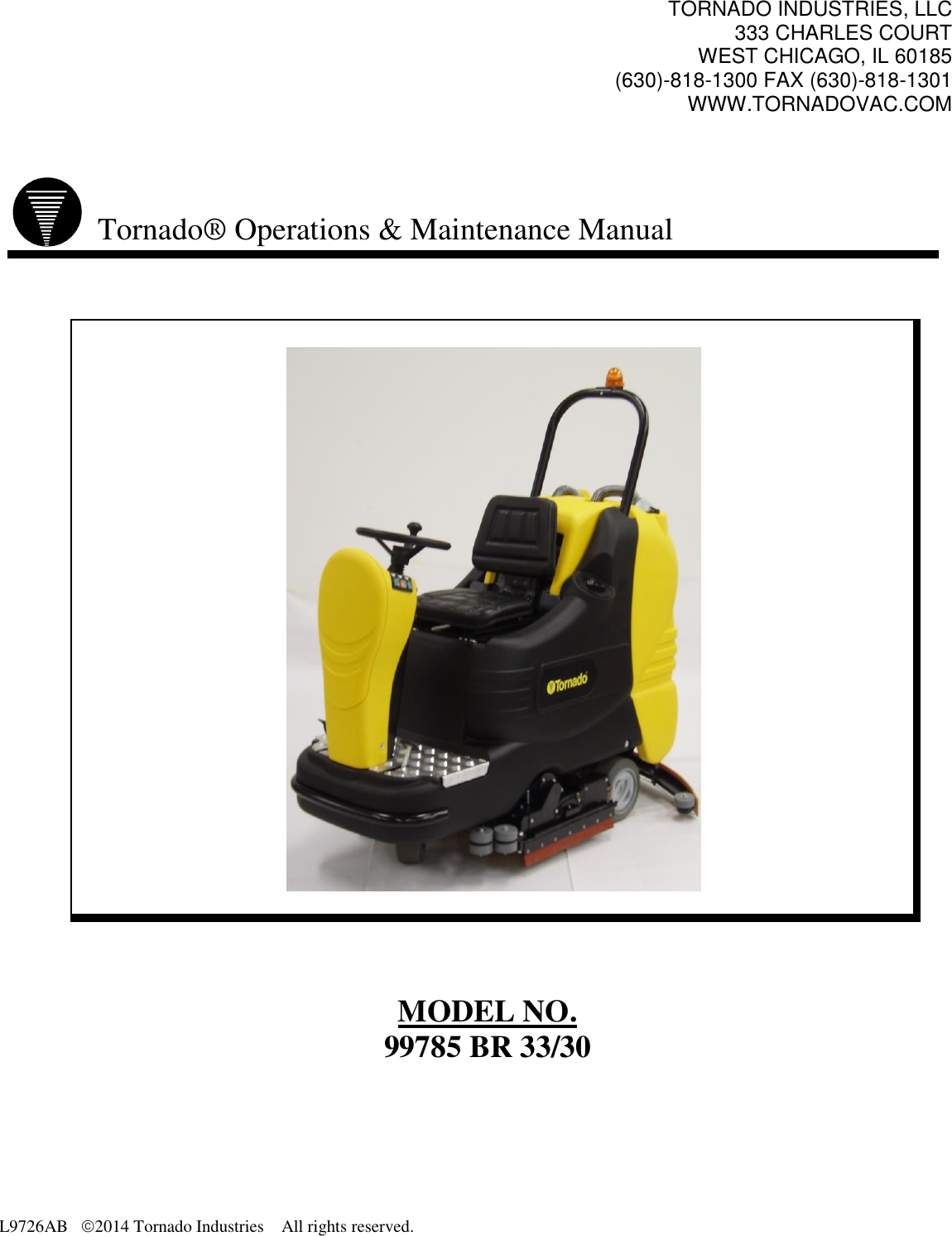 Tornado br 33 30 ride on floor scrubber operators manual