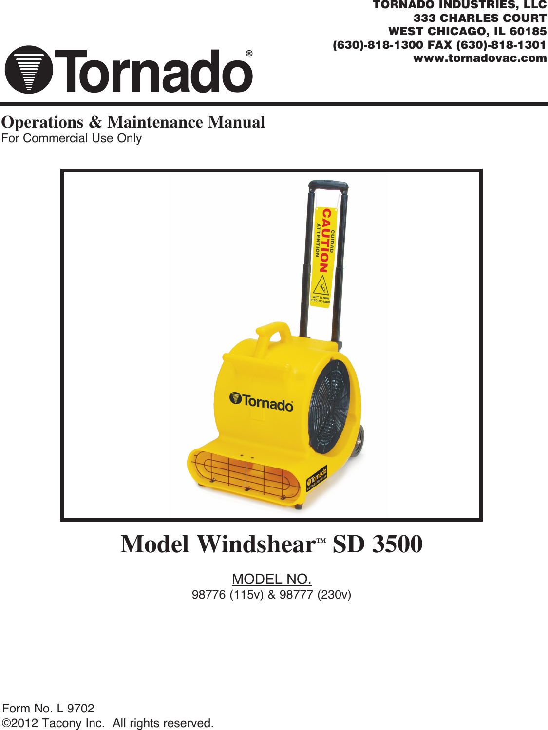 Page 1 of 10 - Tornado-windshear-sd-3500-blower-operators-manual