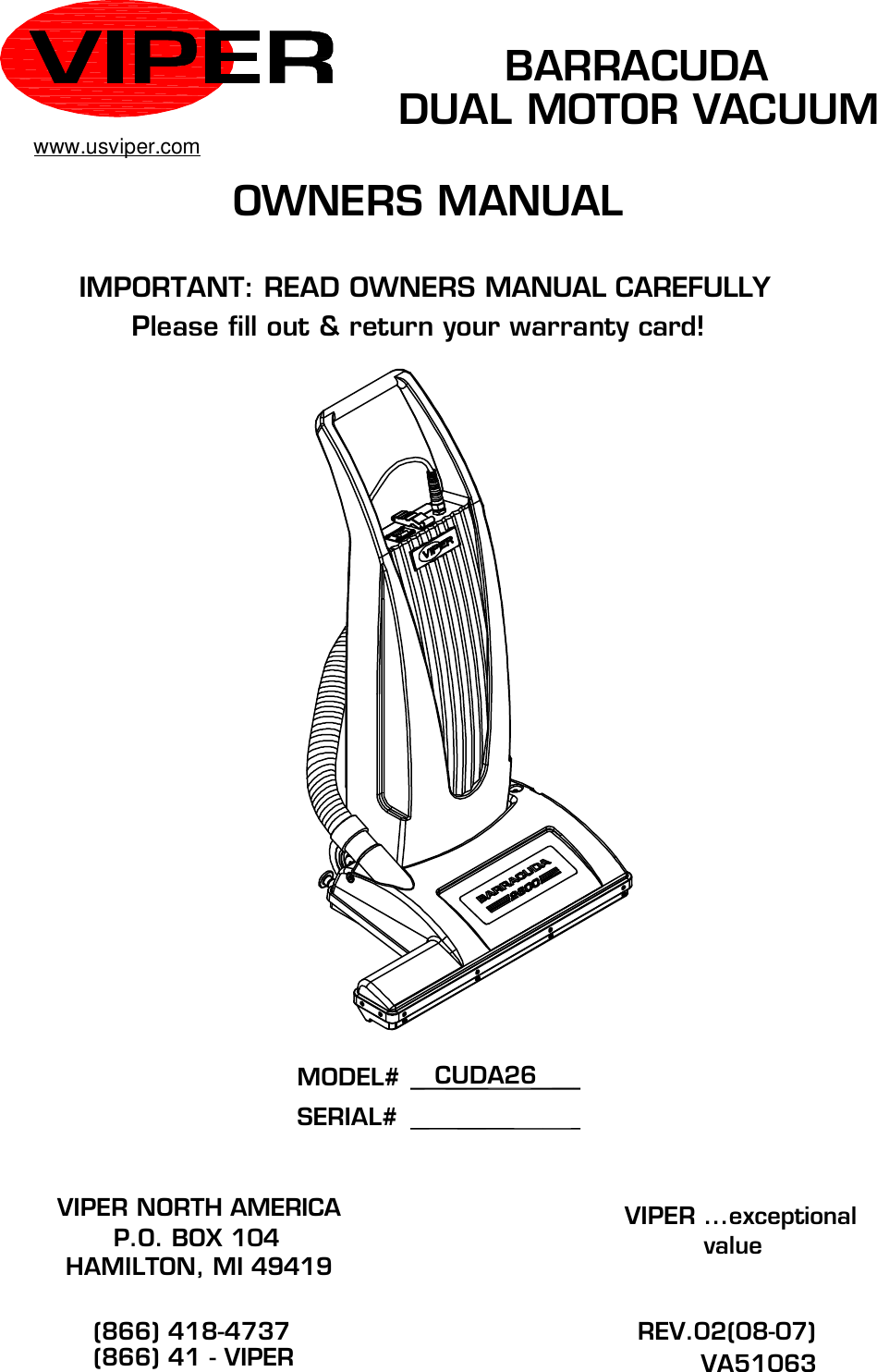 Page 1 of 12 - Viper-barracuda-cuda2600-vacuum-parts-and-operator-manual