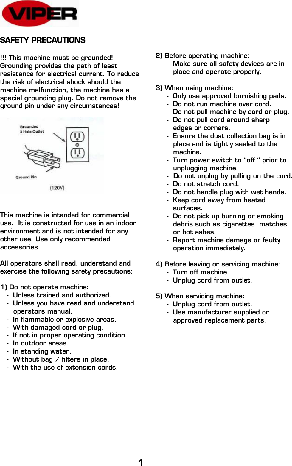 Page 3 of 12 - DR2500DC Manual  Viper-dragon-dr2000dc-floor-buffer-burnisher-parts-and-operator-manual