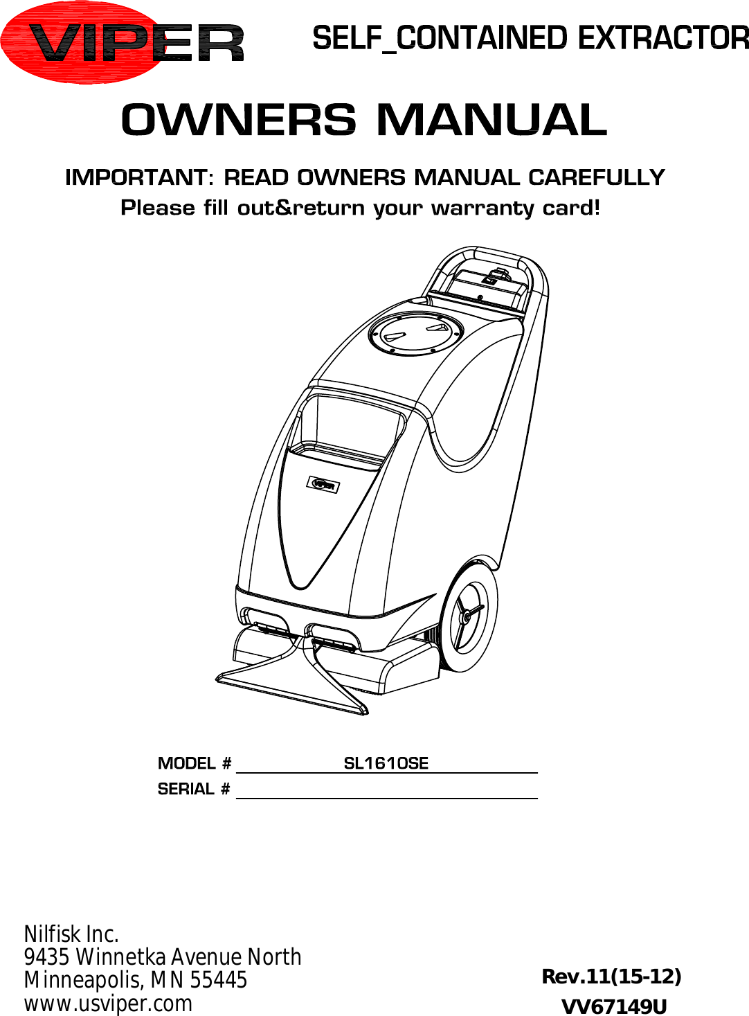 F Viper R Sl Se Carpet Extractor Parts And Operator Manual