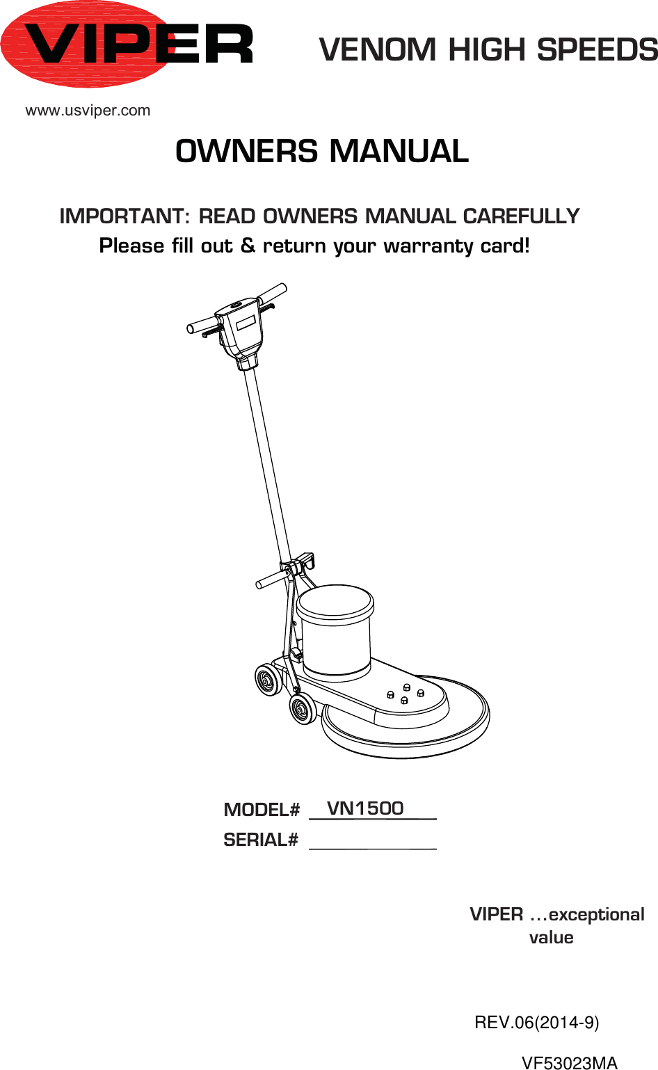 Page 1 of 11 - Owners Manual For US Viper  Viper-venom-vn1500-buffer-burnisher-parts-and-operator-manual