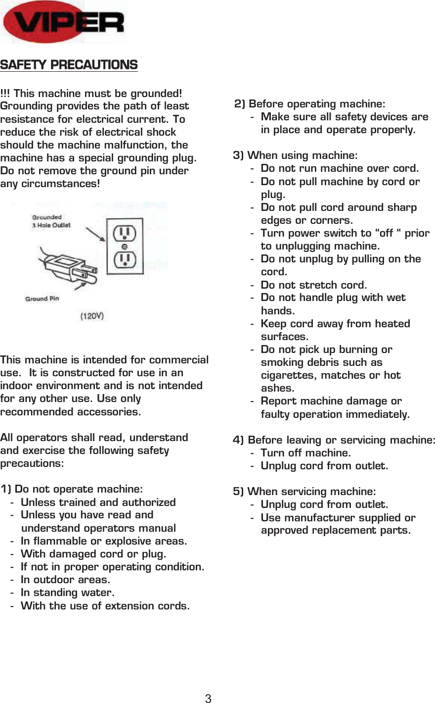 Page 3 of 11 - Owners Manual For US Viper  Viper-venom-vn1500-buffer-burnisher-parts-and-operator-manual