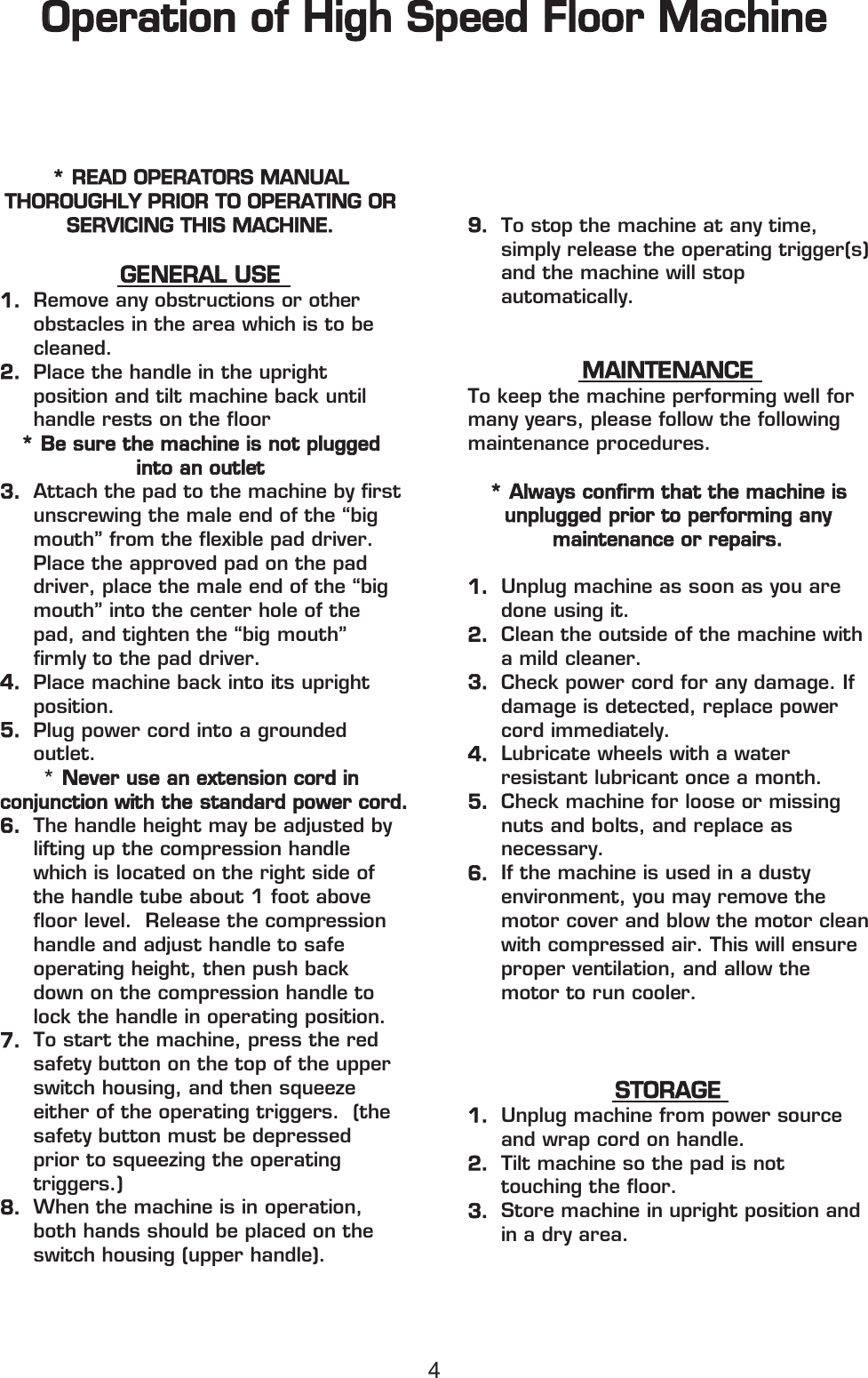 Page 4 of 11 - Owners Manual For US Viper  Viper-venom-vn1500-buffer-burnisher-parts-and-operator-manual