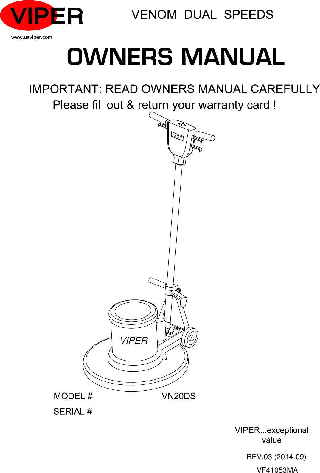 Page 1 of 9 - D  Viper-venom-vn20ds-dual-speed-hd-floor-buffer-parts-and-operator-manual