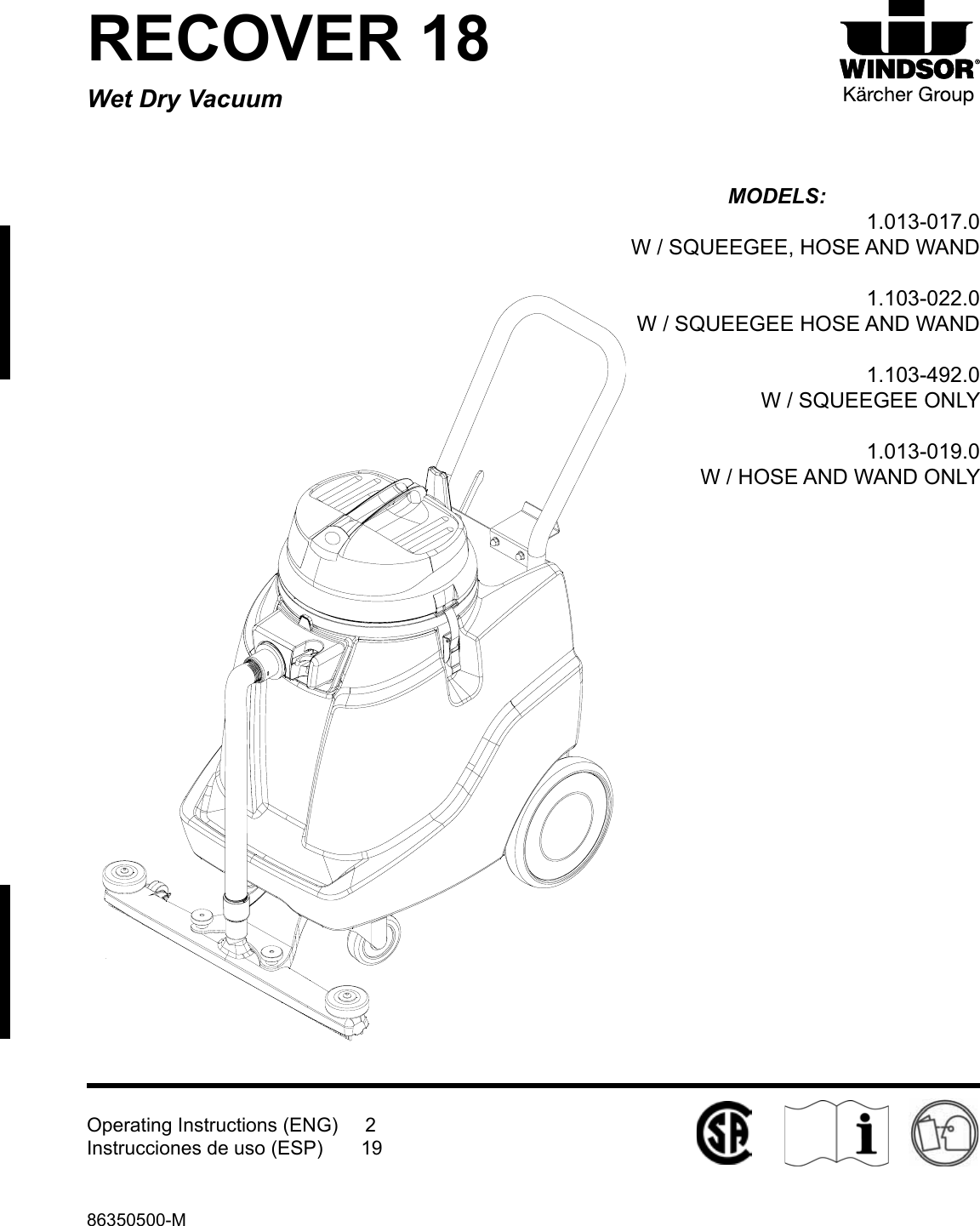 Windsor recover 18 wet dry vacuum service parts manual