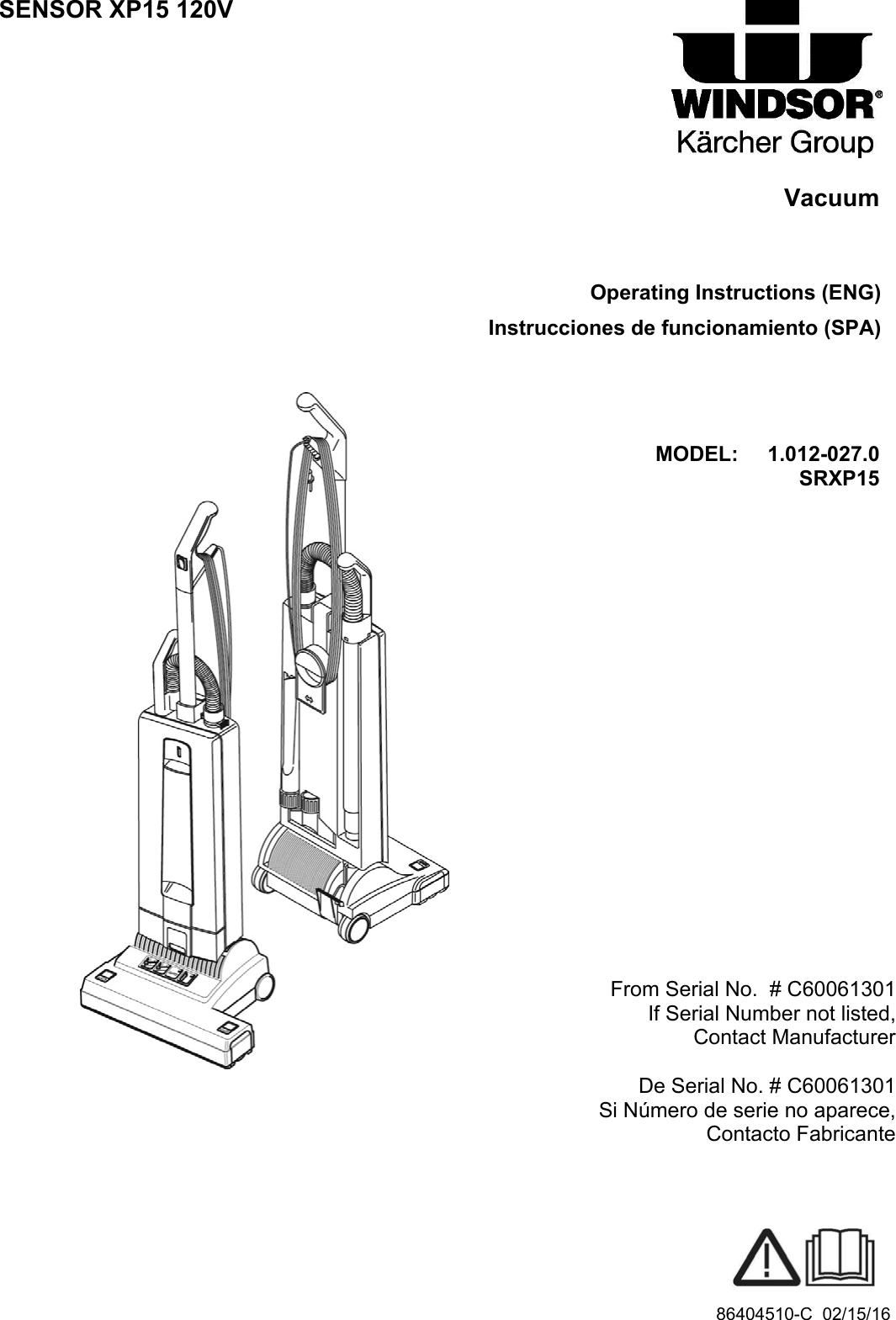 Windsor sensor xp15 120v upright vacuum service parts manual