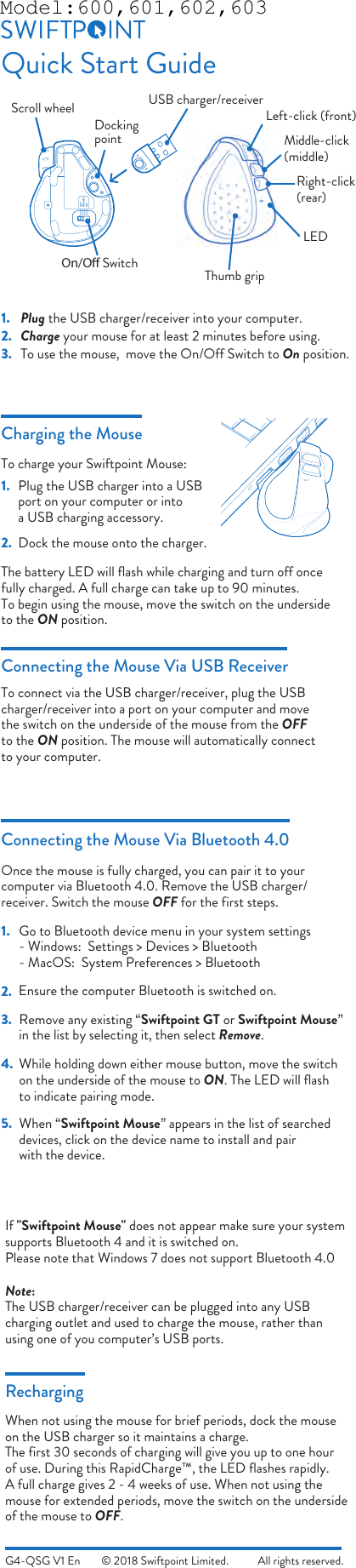 Page 1 of Swiftpoint 600 Swiftpoint G4 Computer Mouse User Manual G4 QSG 02