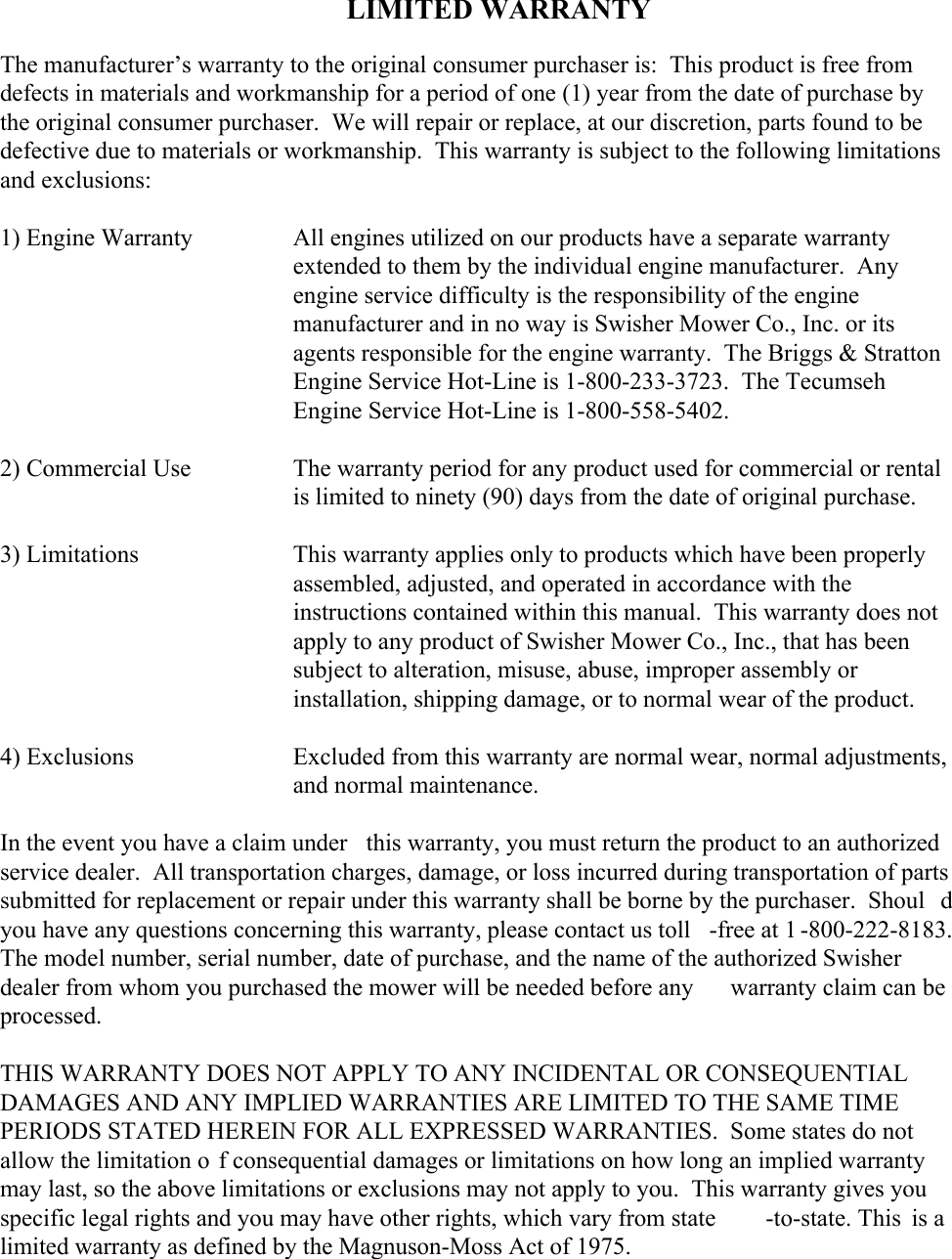 Page 2 of 12 - Swisher WB924 User Manual  To The 21792cf6-cb45-4a91-9f11-3cab4272ddc1
