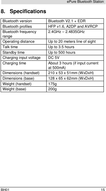  BH01  15 ePure Bluetooth Station 8.  Specifications Bluetooth version Bluetooth V2.1 + EDR Bluetooth profiles HFP v1.6, A2DP and AVRCP Bluetooth frequency range 2.4GHz &ndash; 2.4835GHz Operating distance Up to 20 meters line of sight Talk time Up to 3.5 hours Standby time Up to 500 hours Charging input voltage DC 5V Charging time About 3 hours (if input current at 500mA) Dimensions (handset) 210 x 53 x 51mm (WxDxH) Dimensions (base) 128 x 65 x 62mm (WxDxH) Weight (handset) 175g Weight (base) 200g  