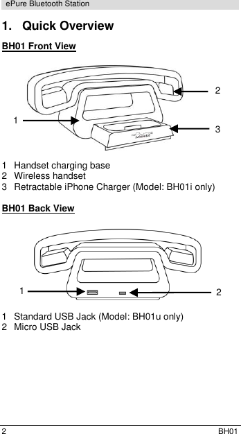  2  BH01 ePure Bluetooth Station 1.  Quick Overview BH01 Front View           1  Handset charging base 2  Wireless handset 3  Retractable iPhone Charger (Model: BH01i only)  BH01 Back View          1  Standard USB Jack (Model: BH01u only) 2  Micro USB Jack 2 1 3 1 2 