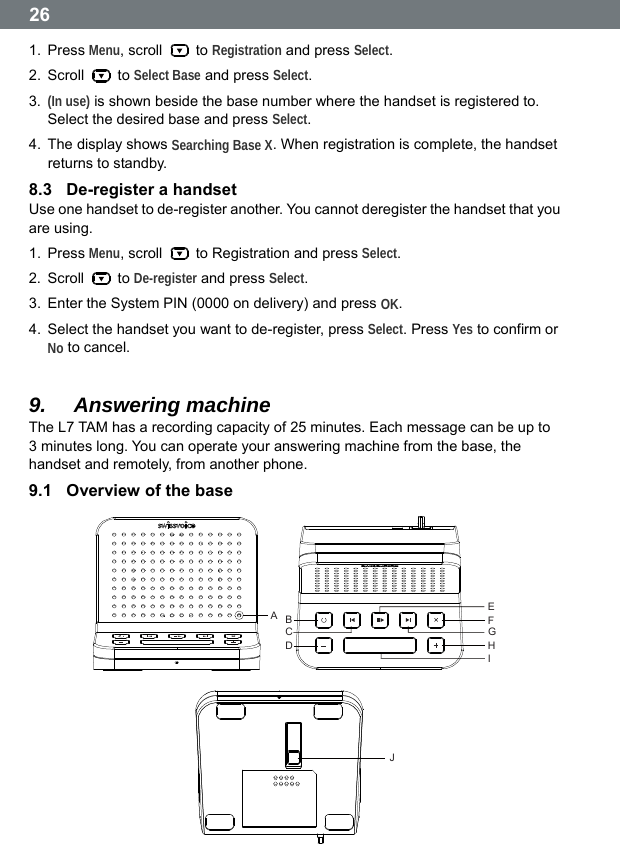  26 1. Press Menu, scroll   to Registration and press Select. 2. Scroll   to Select Base and press Select. 3.  (In use) is shown beside the base number where the handset is registered to. Select the desired base and press Select. 4.  The display shows Searching Base X. When registration is complete, the handset returns to standby. 8.3  De-register a handset Use one handset to de-register another. You cannot deregister the handset that you are using. 1. Press Menu, scroll    to Registration and press Select. 2. Scroll   to De-register and press Select. 3.  Enter the System PIN (0000 on delivery) and press OK. 4.  Select the handset you want to de-register, press Select. Press Yes to confirm or No to cancel.  9.  Answering machine The L7 TAM has a recording capacity of 25 minutes. Each message can be up to 3 minutes long. You can operate your answering machine from the base, the handset and remotely, from another phone. 9.1  Overview of the base ABCDHIJFGE  