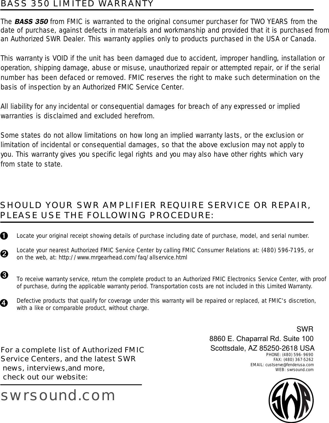 Page 12 of 12 - Swr-Sound Swr-Sound-Bass-350-Users-Manual- Bass 350 (chrome) Om  Swr-sound-bass-350-users-manual