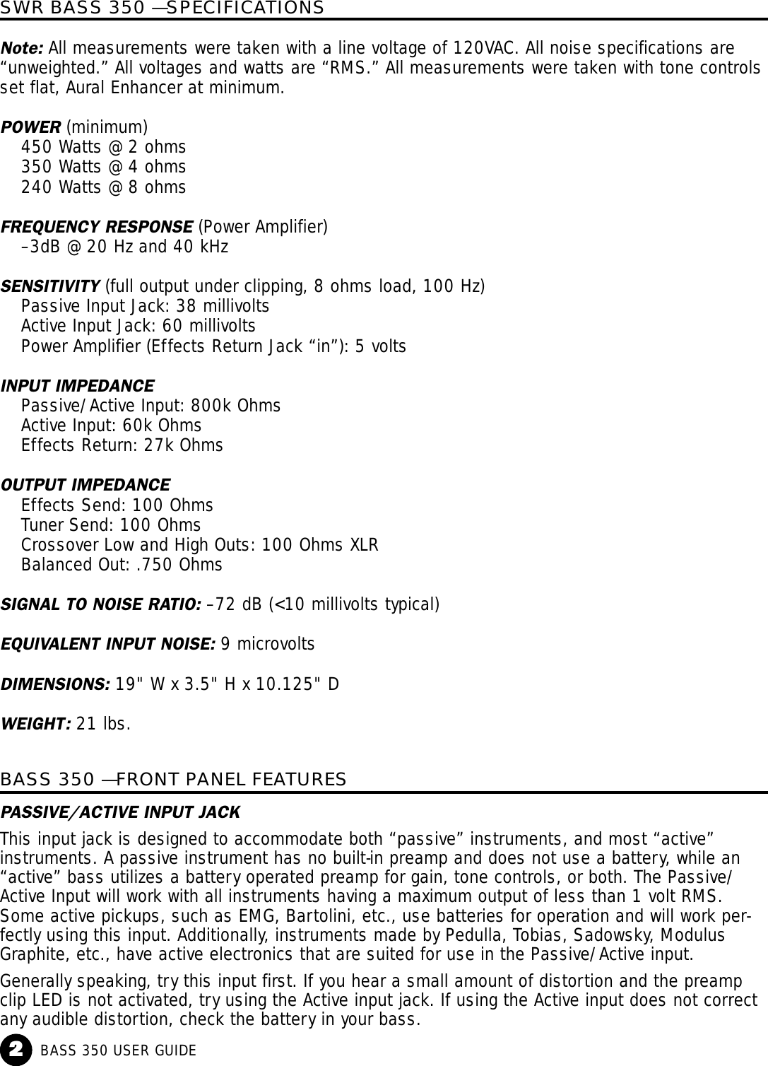 Swr Sound Bass 350 Users Manual (chrome) Om