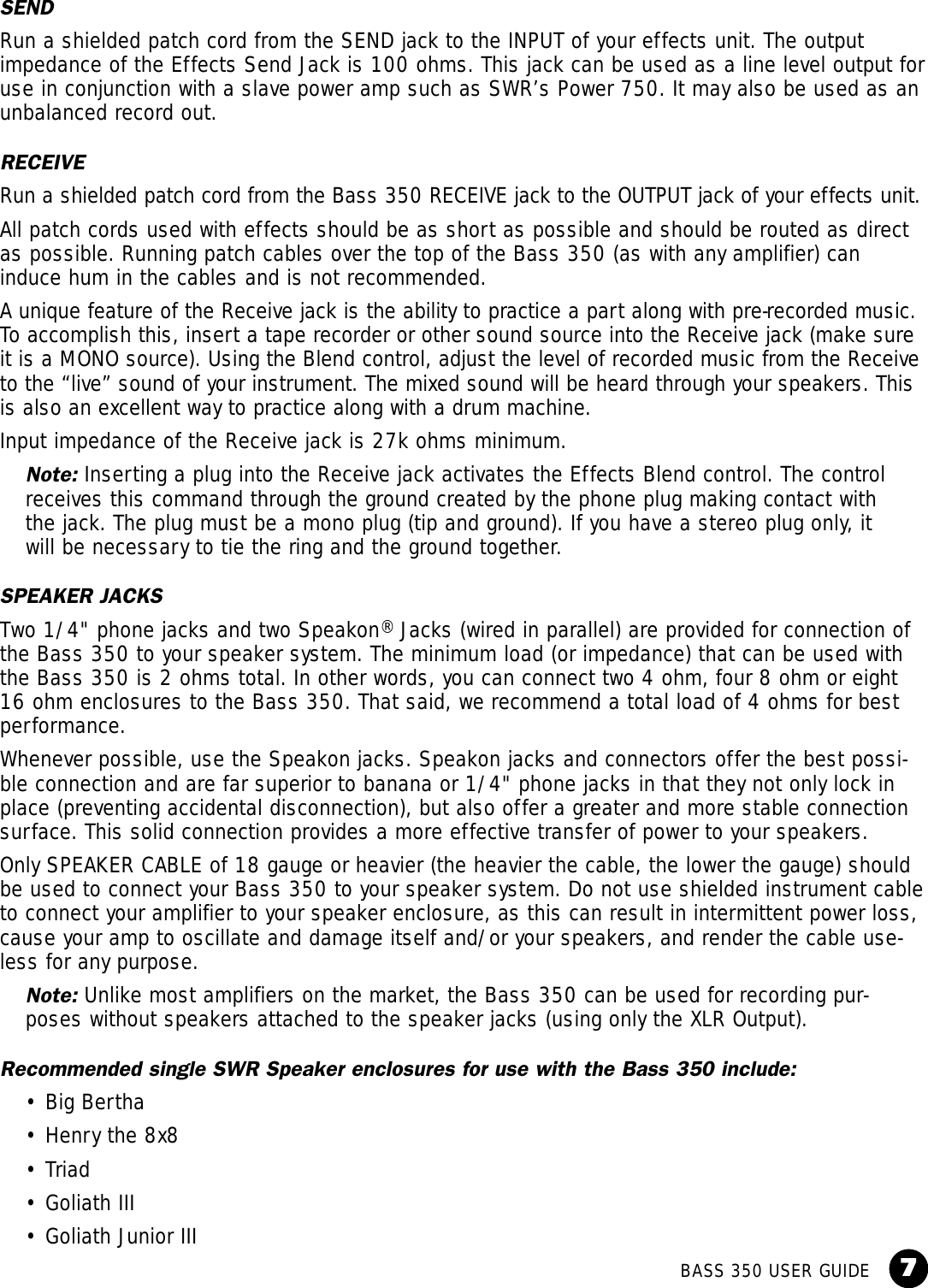Swr Sound Bass 350 Users Manual (chrome) Om