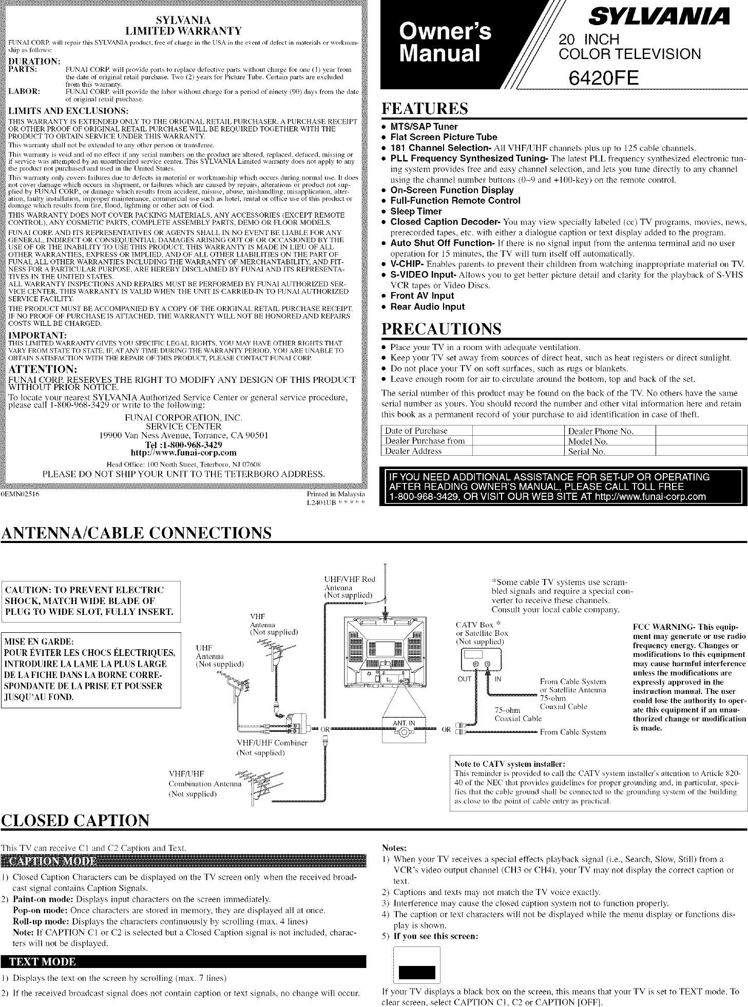 Page 1 of 8 - Sylvania 6420FE User Manual  TV - Manuals And Guides L0520772